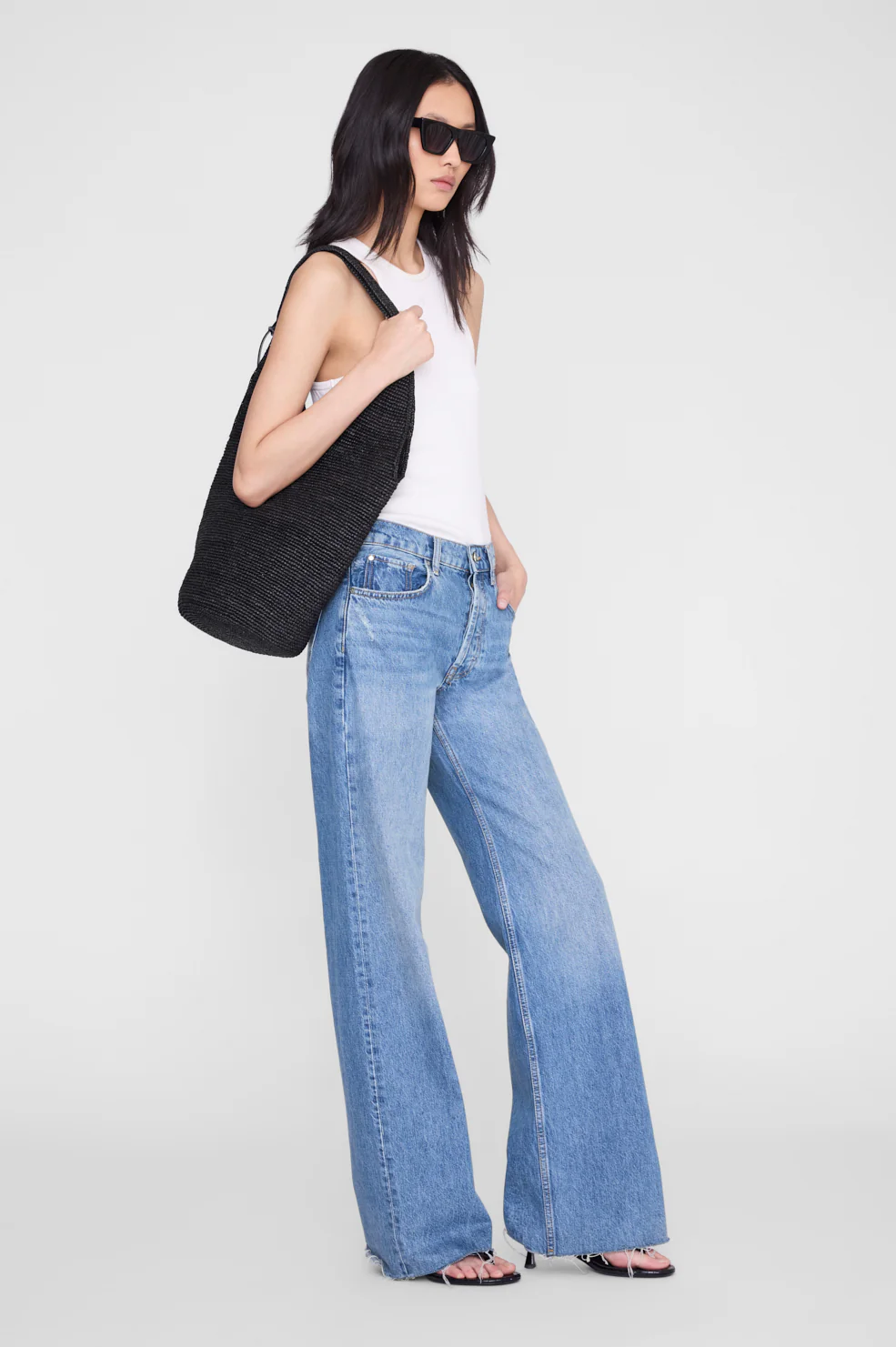 ANINE BING Leah Hobo Bag Plain Raffia in Black