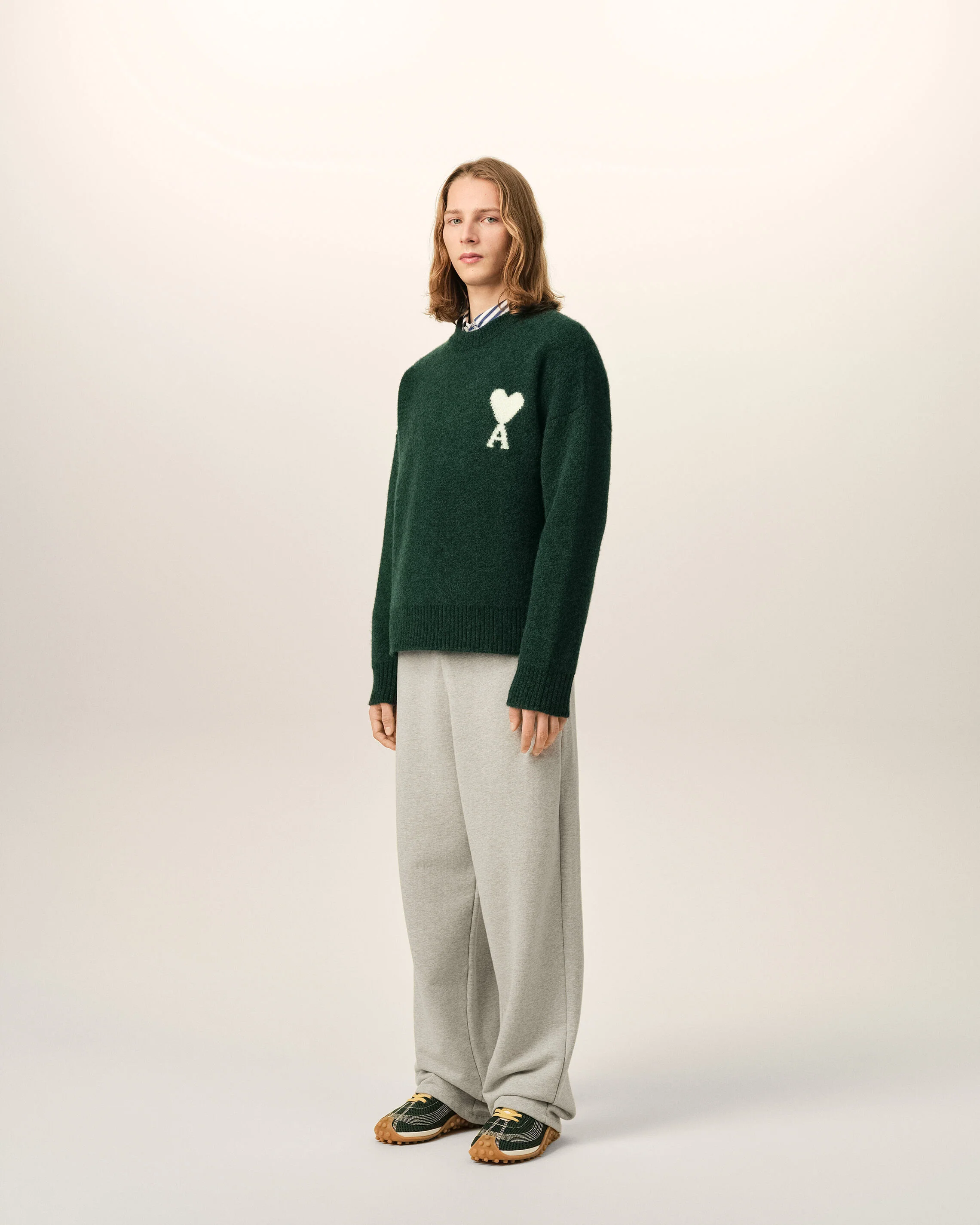 AMI PARIS de Coeur Heavy Knit Sweater in Bottle Green / Off White XXL