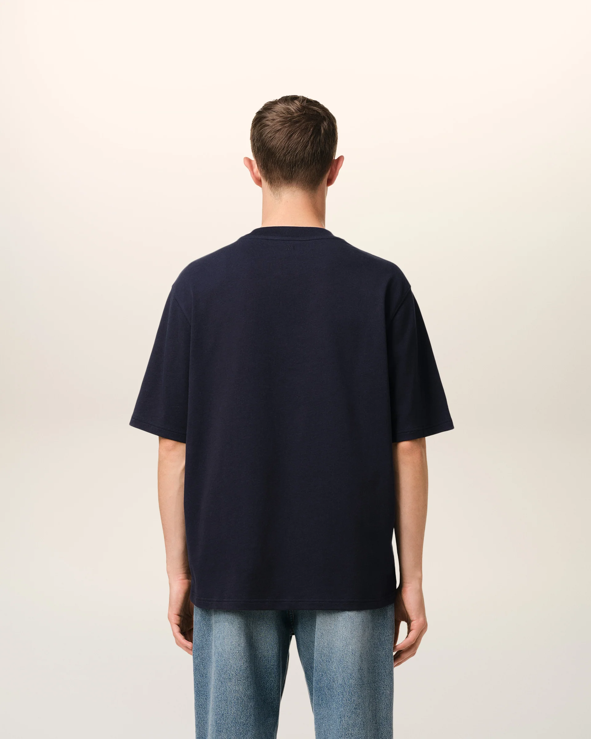 AMI PARIS de Coeur Boxy Fit Knitted Logo T-Shirt in Navy Blue AMI PARIS de Coeur Boxy Fit Knitted Logo T-Shirt in Navy Blue XS