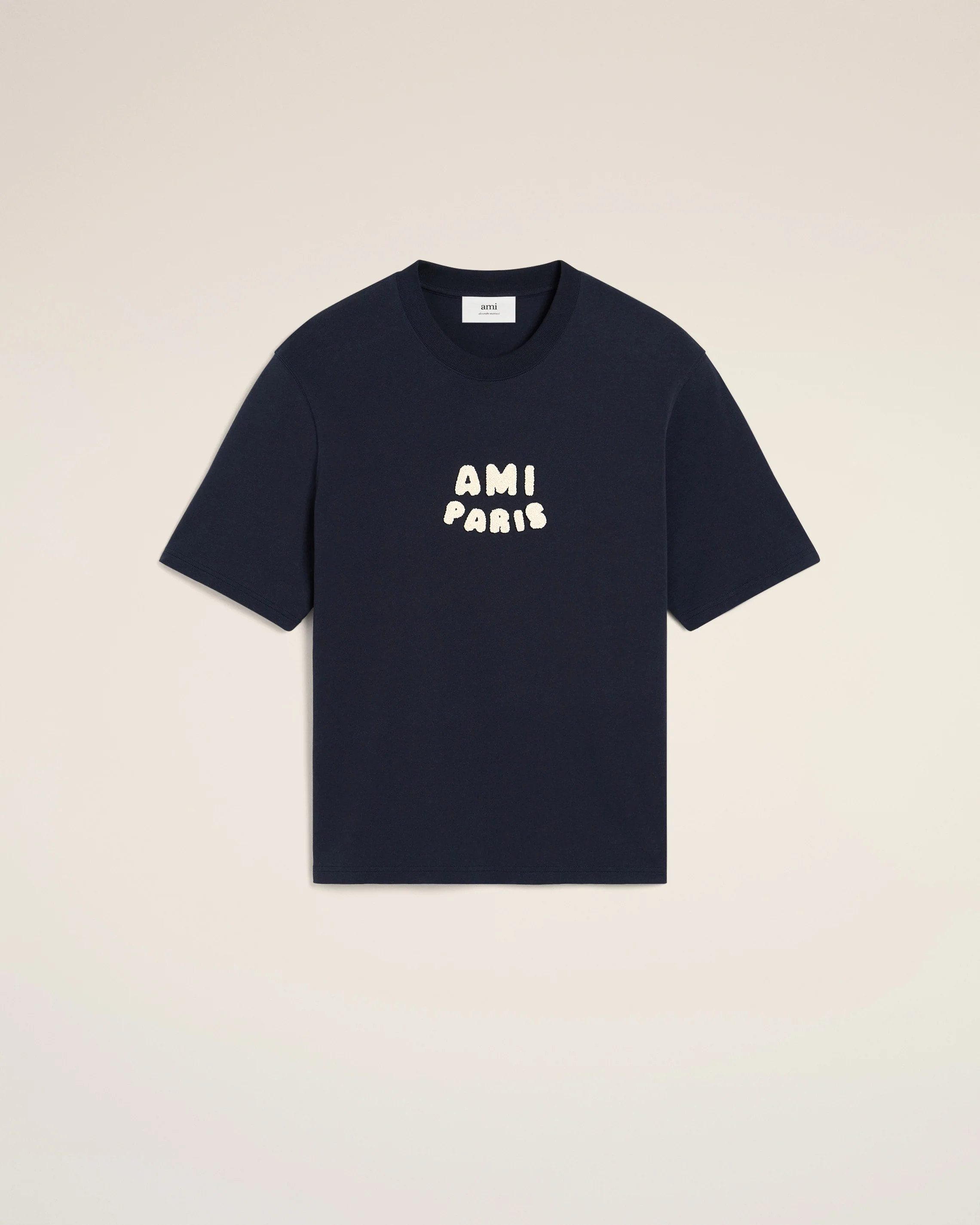 AMI PARIS de Coeur Boxy Fit Knitted Logo T-Shirt in Navy Blue AMI PARIS de Coeur Boxy Fit Knitted Logo T-Shirt in Navy Blue