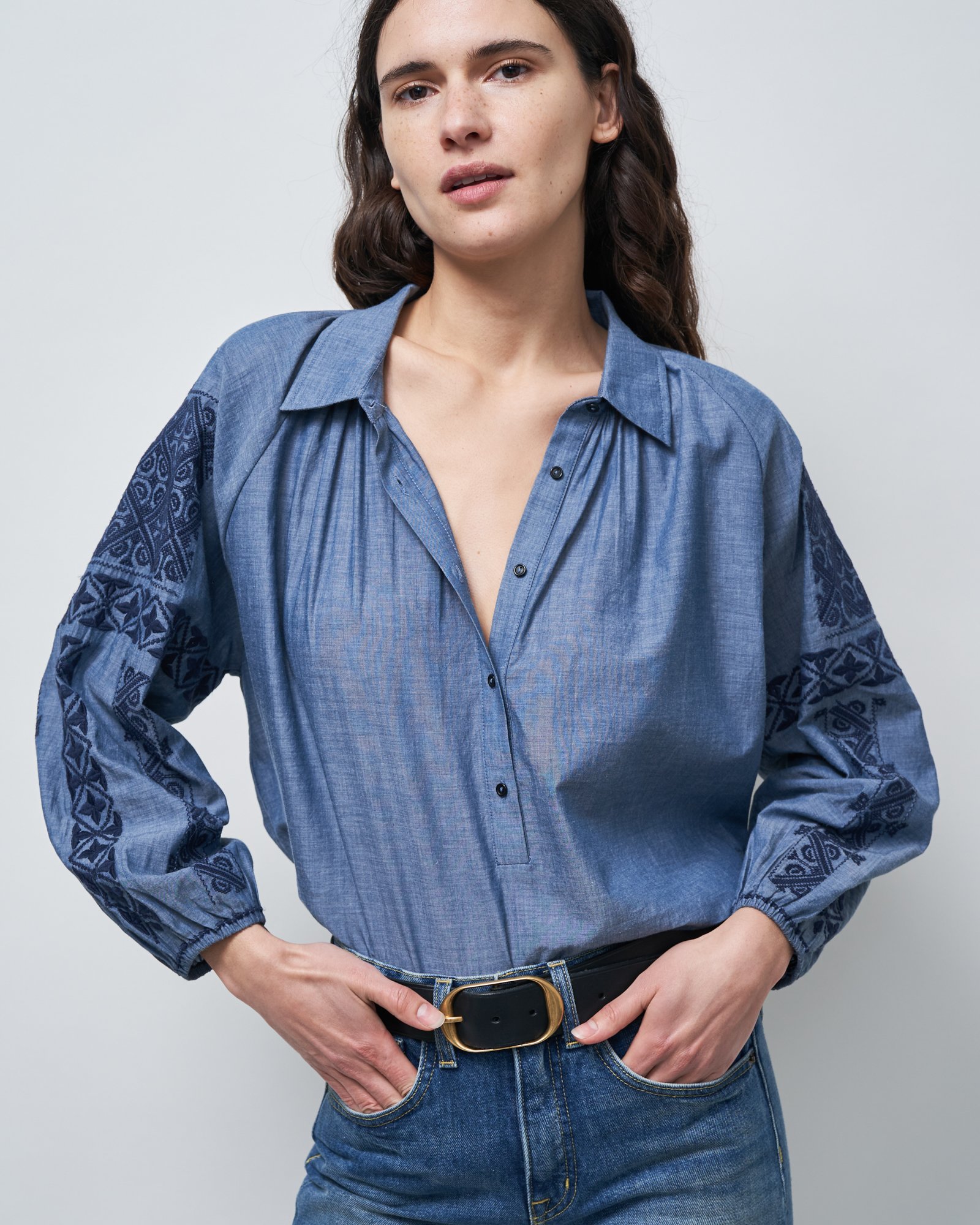 Nili Lotan Romanian Embroidered Shirt Abby Blue