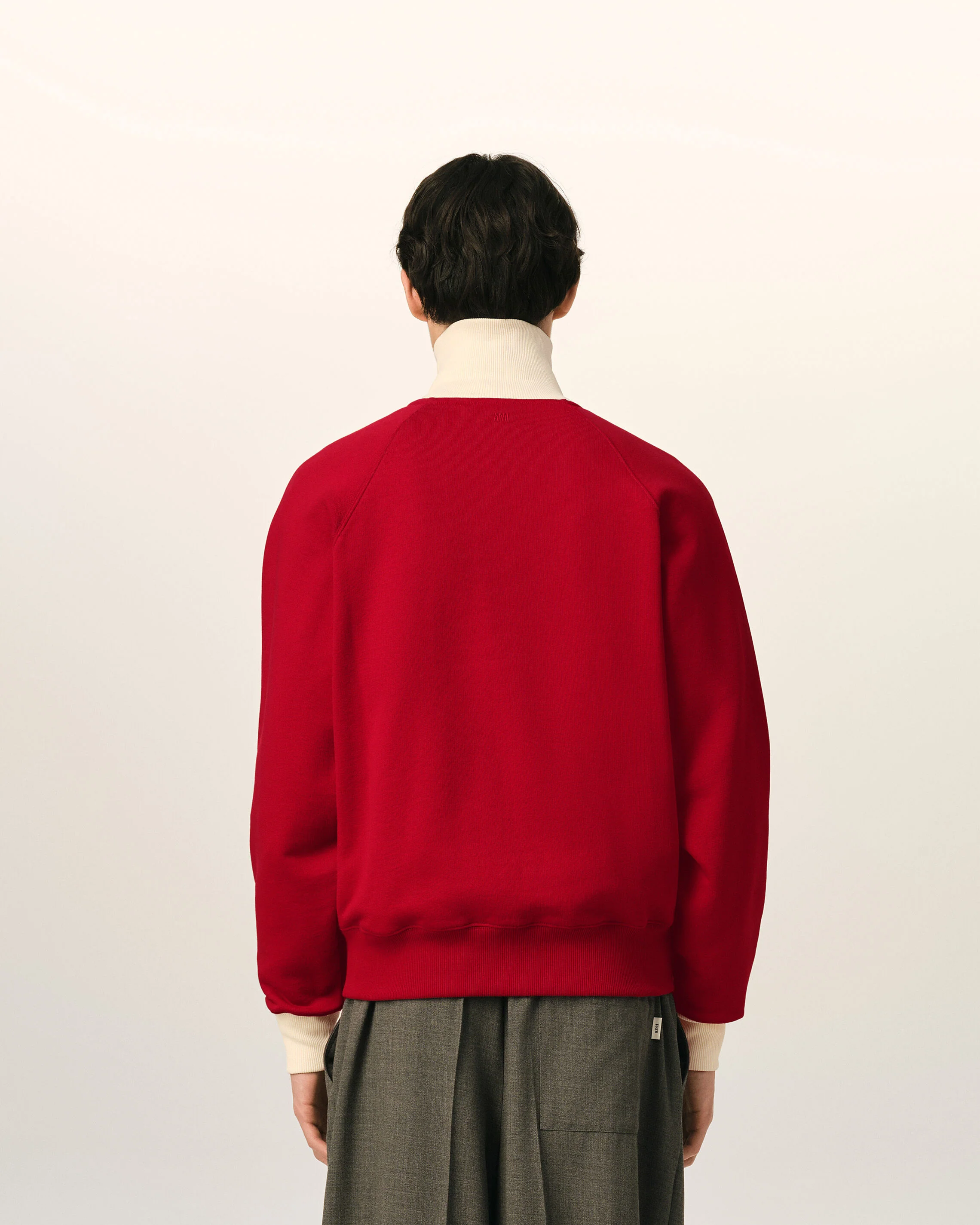 AMI PARIS de Coeur Bicolor Zip Sweater in Ruby Red / Ivory