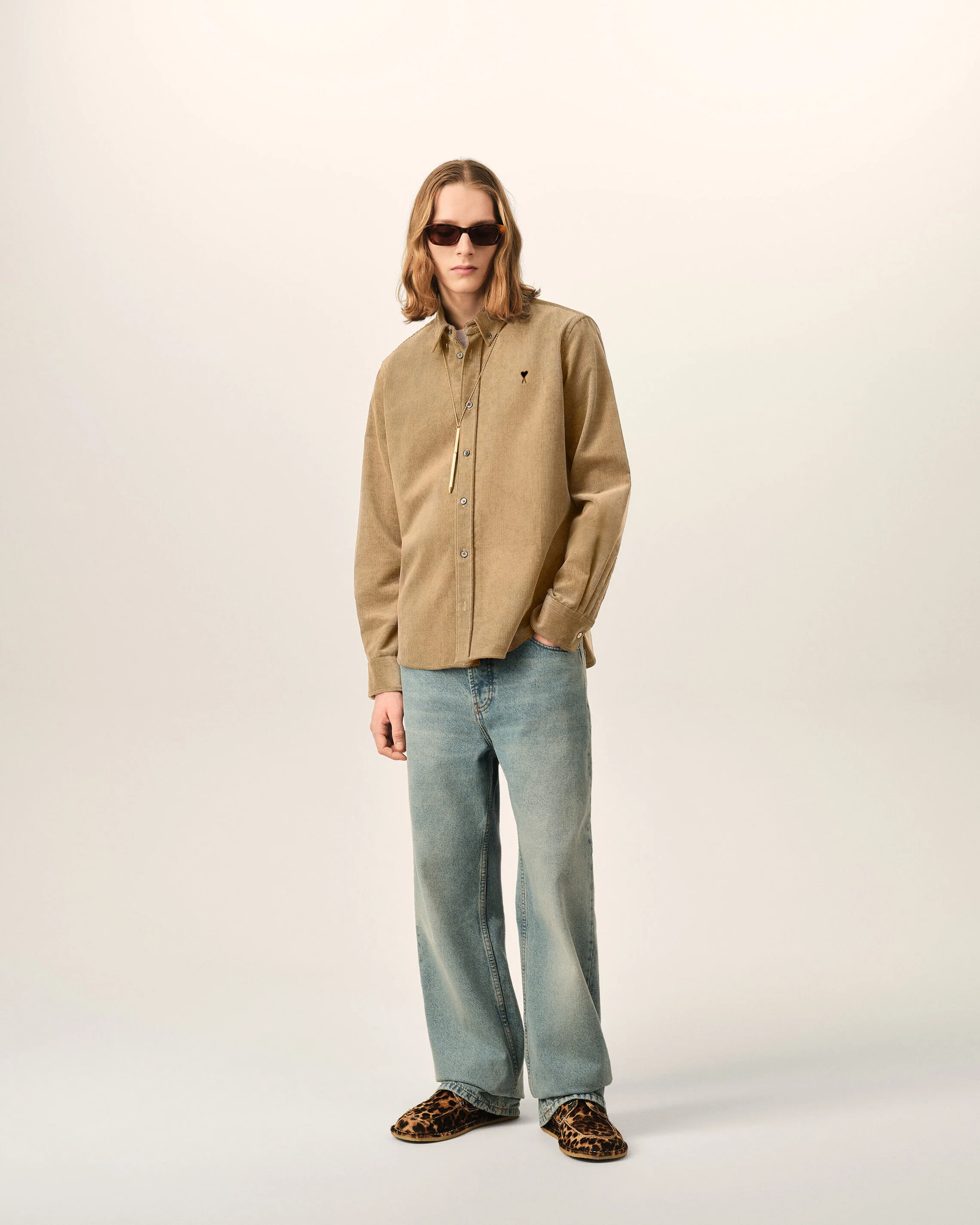 AMI PARIS de Coeur Corduroy Shirt in Mastic Beige