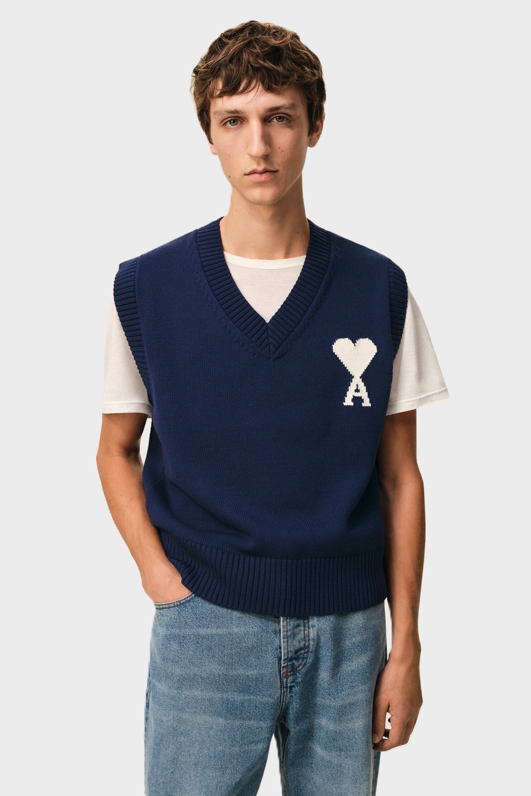 AMI PARIS de Coeur Wool/Cotton Knit Vest in Navy