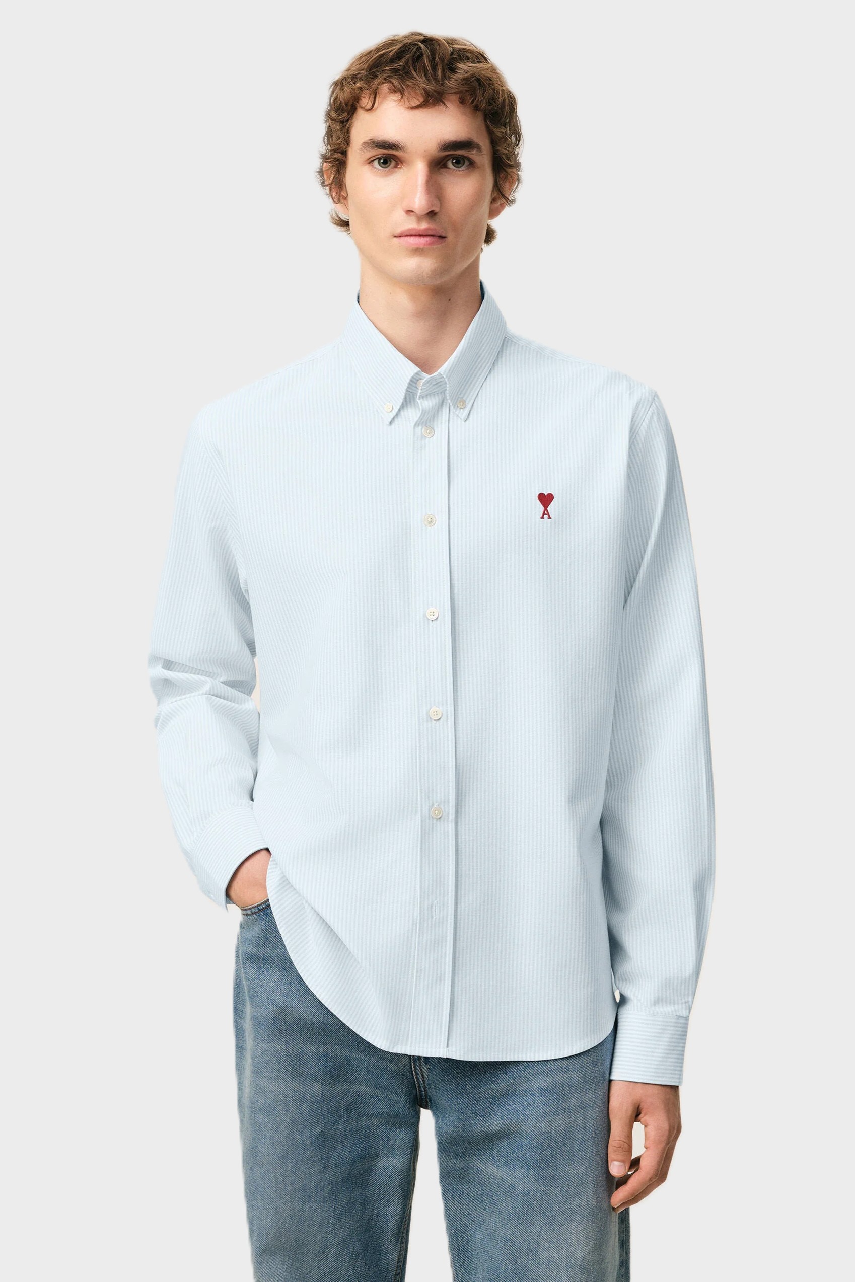 AMI PARIS de Coeur Classic Fit Shirt in Sky Blue/Natural White Stripes XXL
