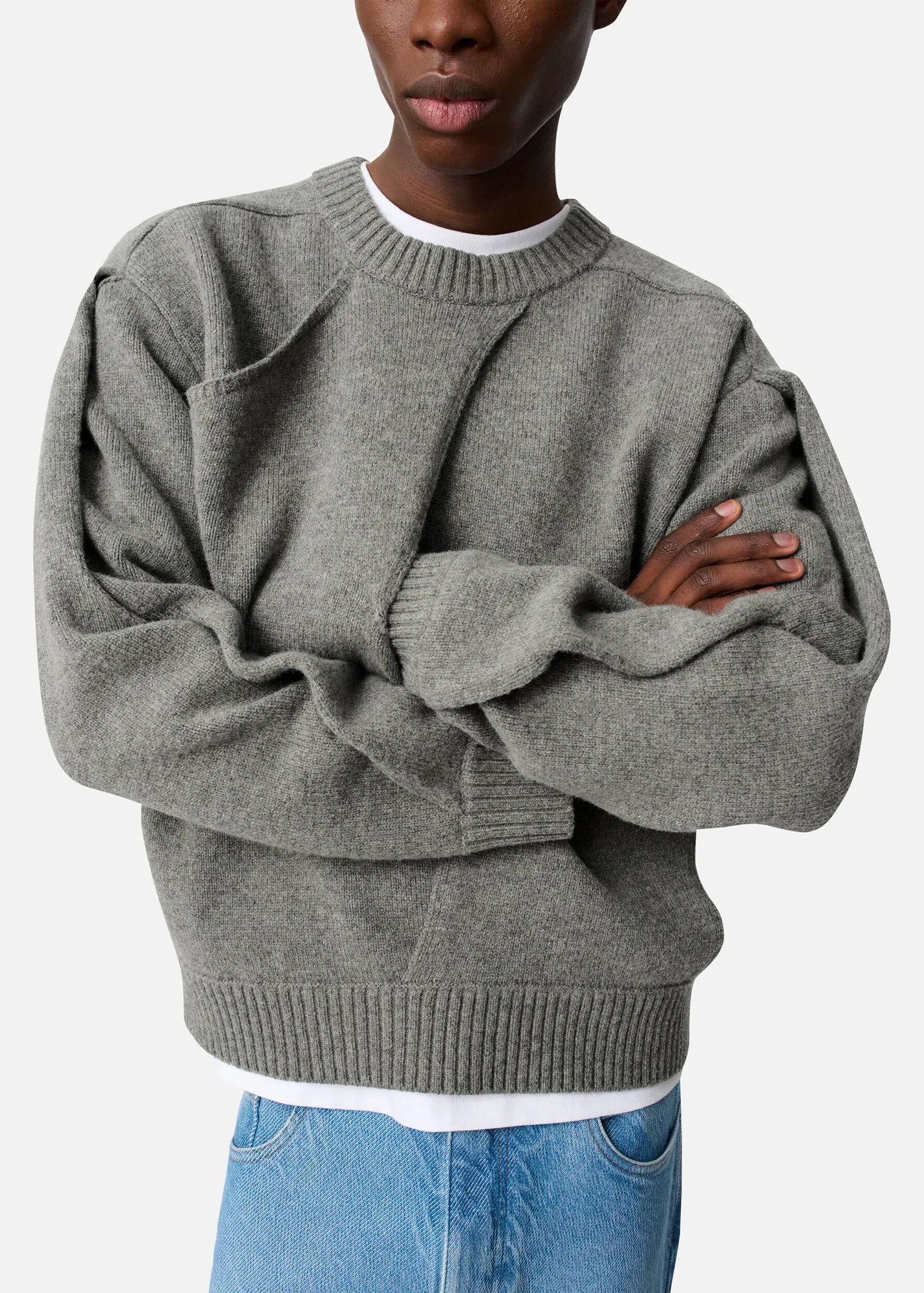 AXEL ARIGATO Stitch Panelled Knit Sweater in Grey Melange