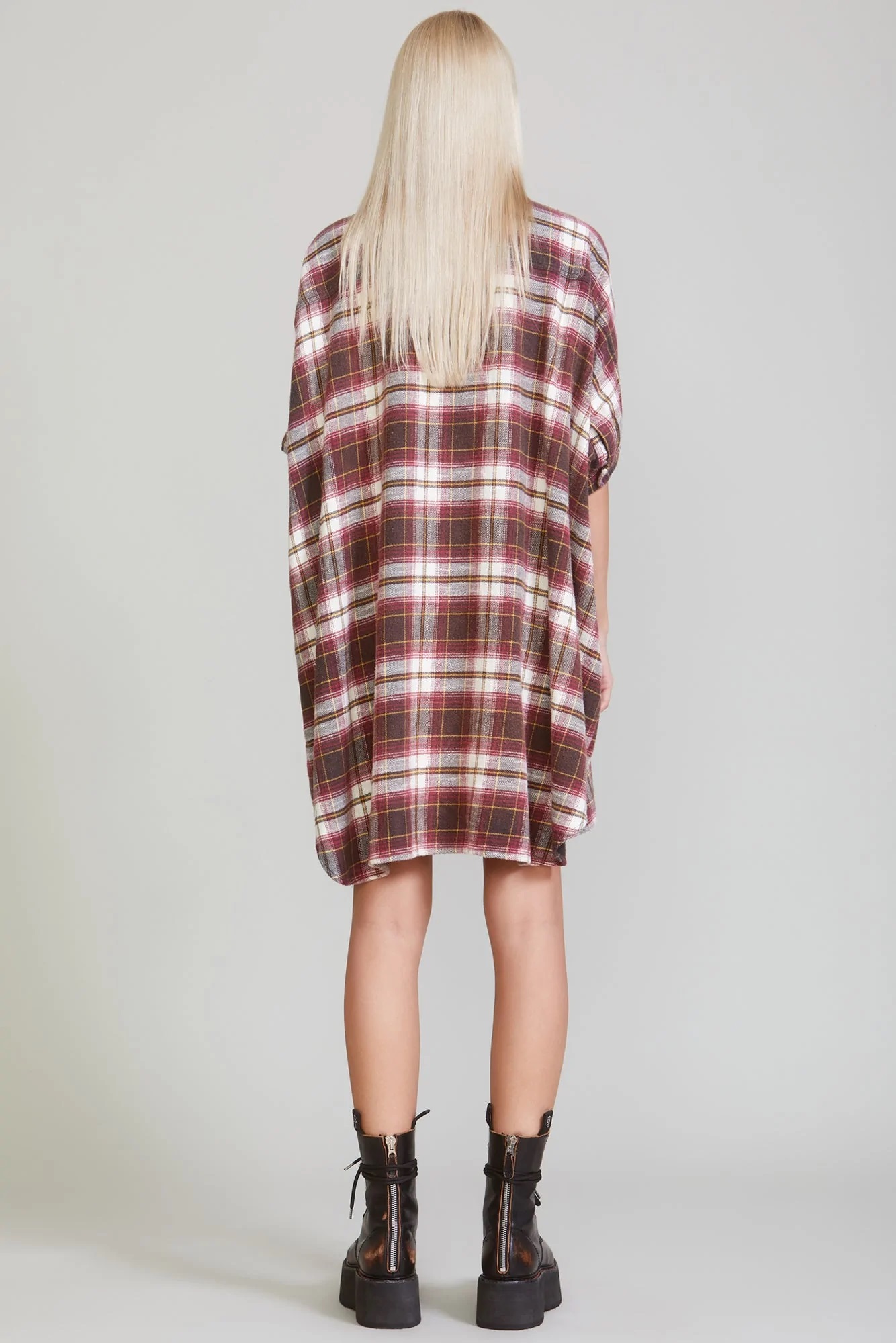 R13 Plaid Oversized Dress in Ecru/Maroon