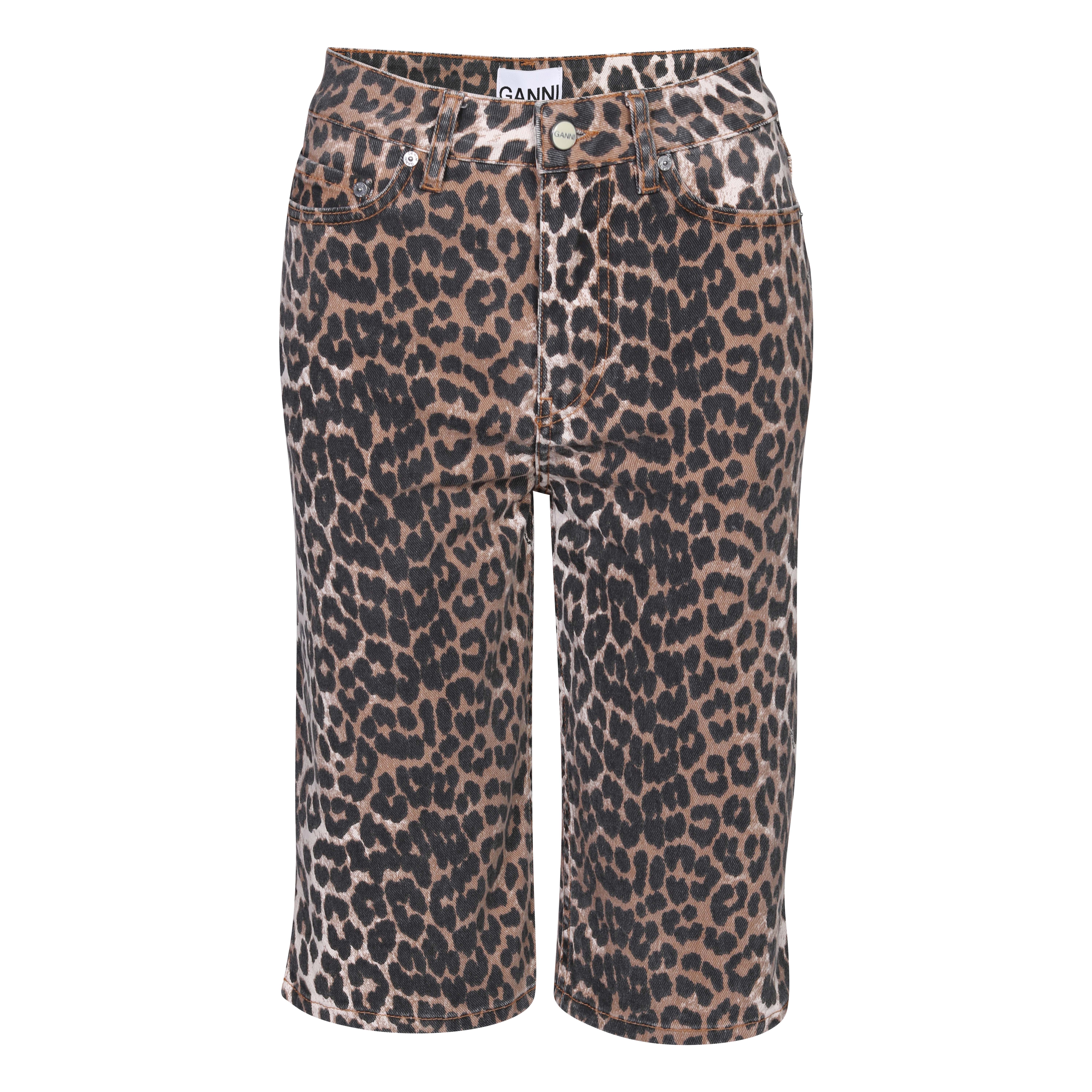 Ganni Knee Length Denim Shorts in Leopard