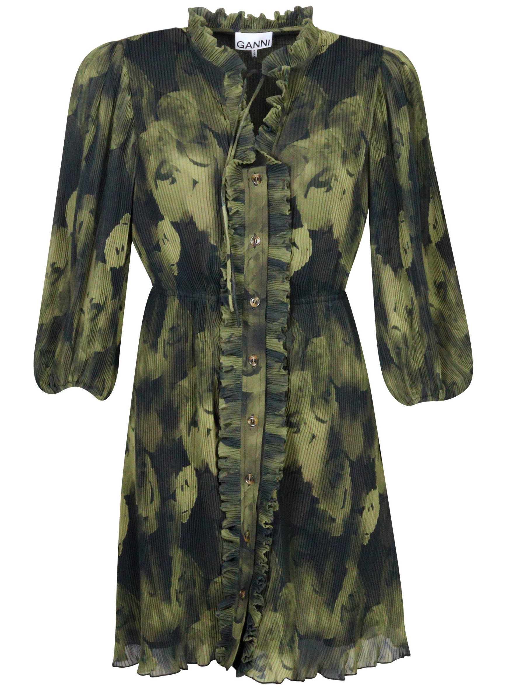 Ganni Recycled Pleated Georgette Mini Dress Olive Print