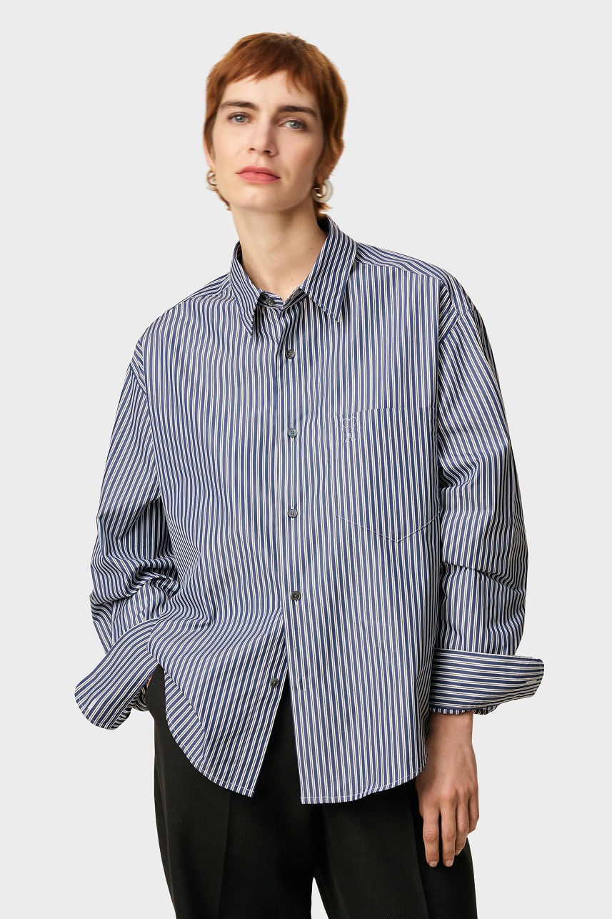 AMI PARIS de Coeur Embossed Boxy Fit Shirt in Royal Blue/White/Black Stripe