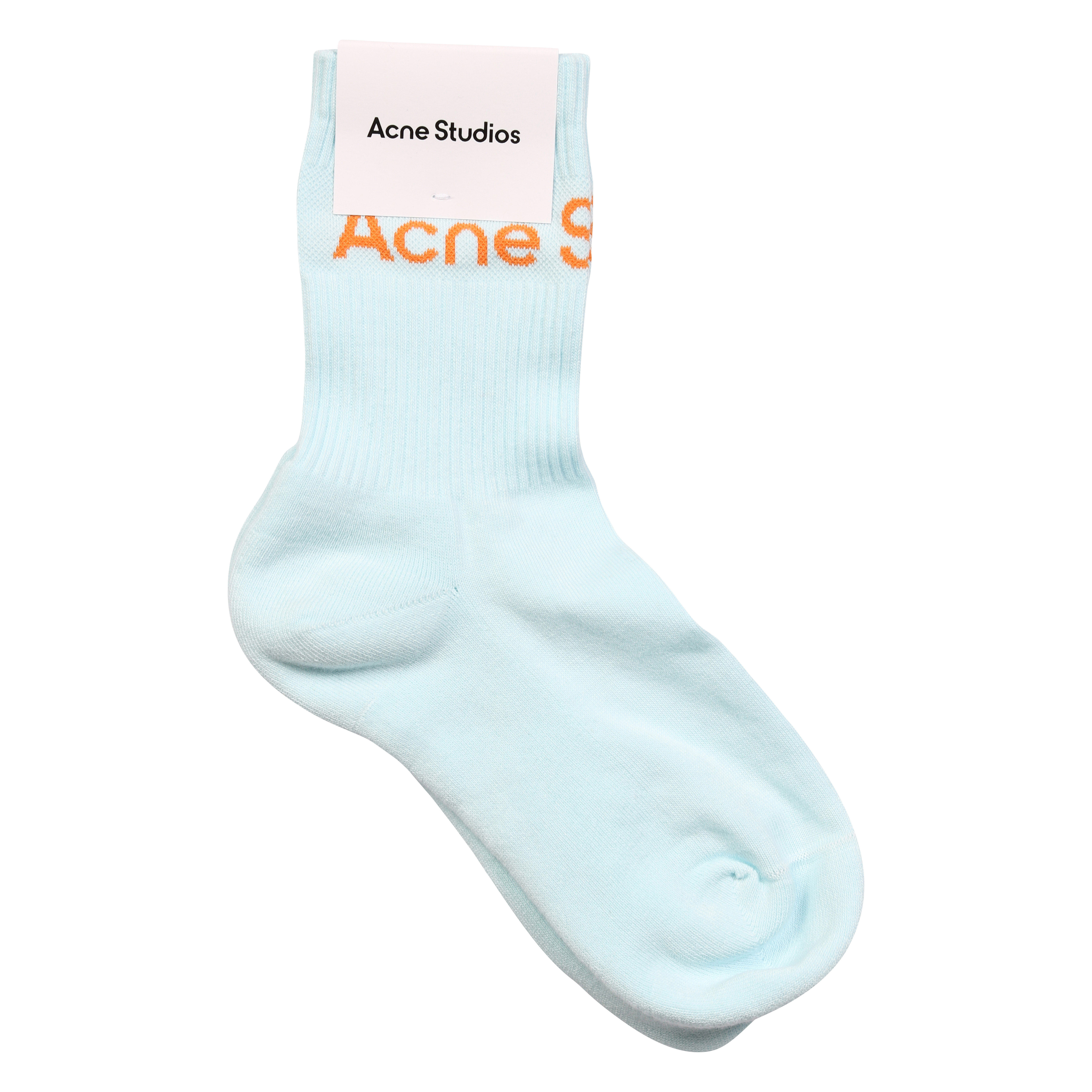 Unisex Acne Studios Ribbed Logo Socks in Light Blue/Orange