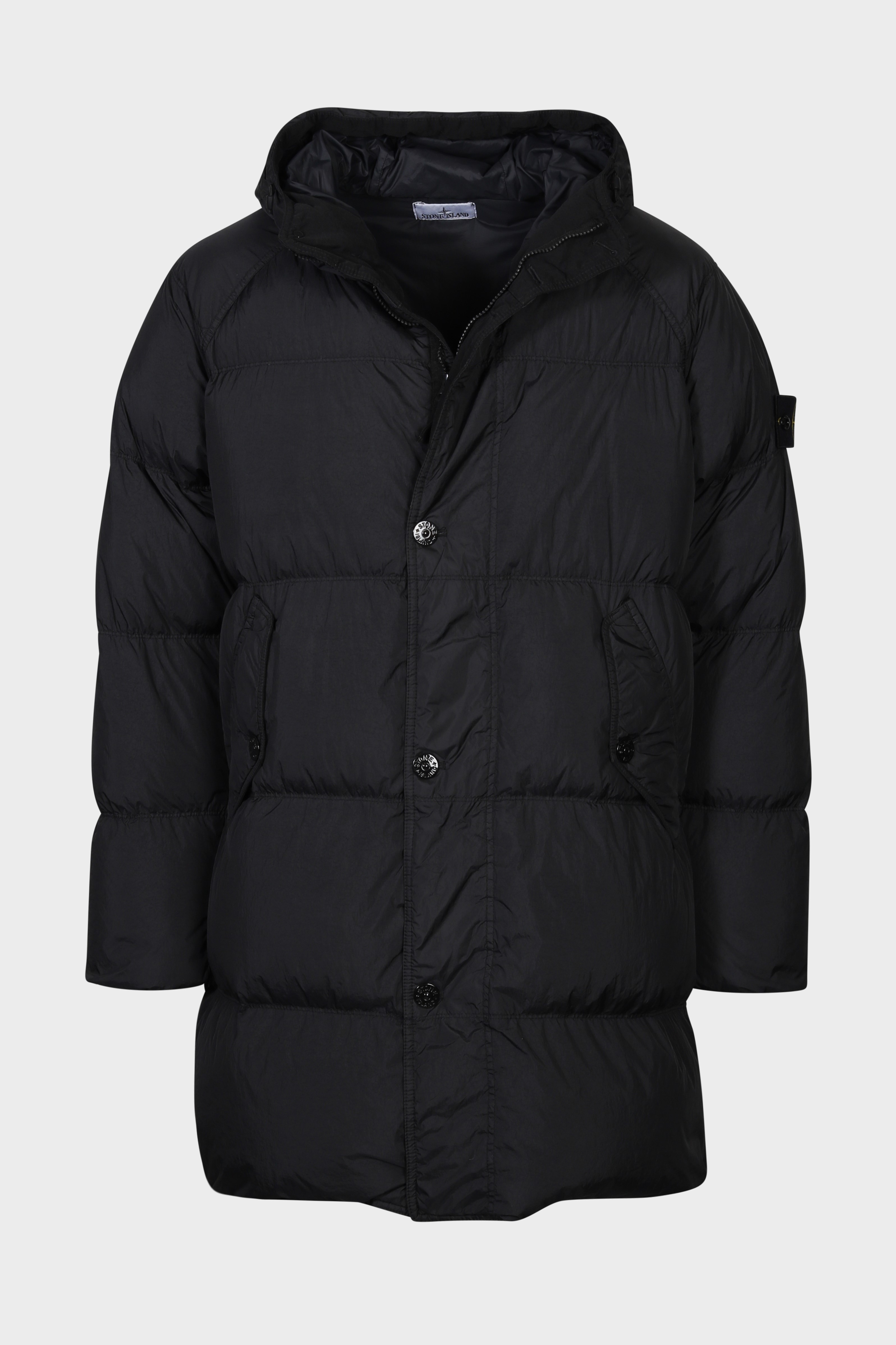 STONE ISLAND Garment Dyed Crinkle Reps Hooded Down Coat in Black