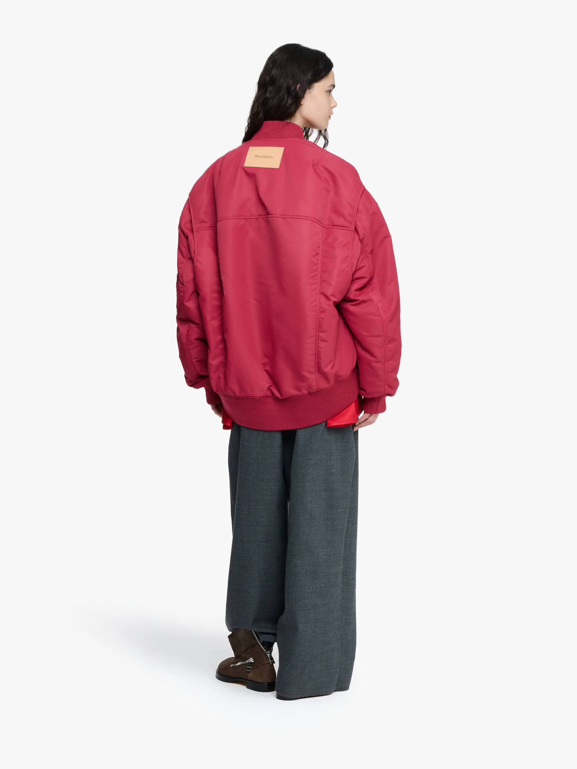 JW ANDERSON Oversize Curved Hem Bomber Jacket in Raspberry