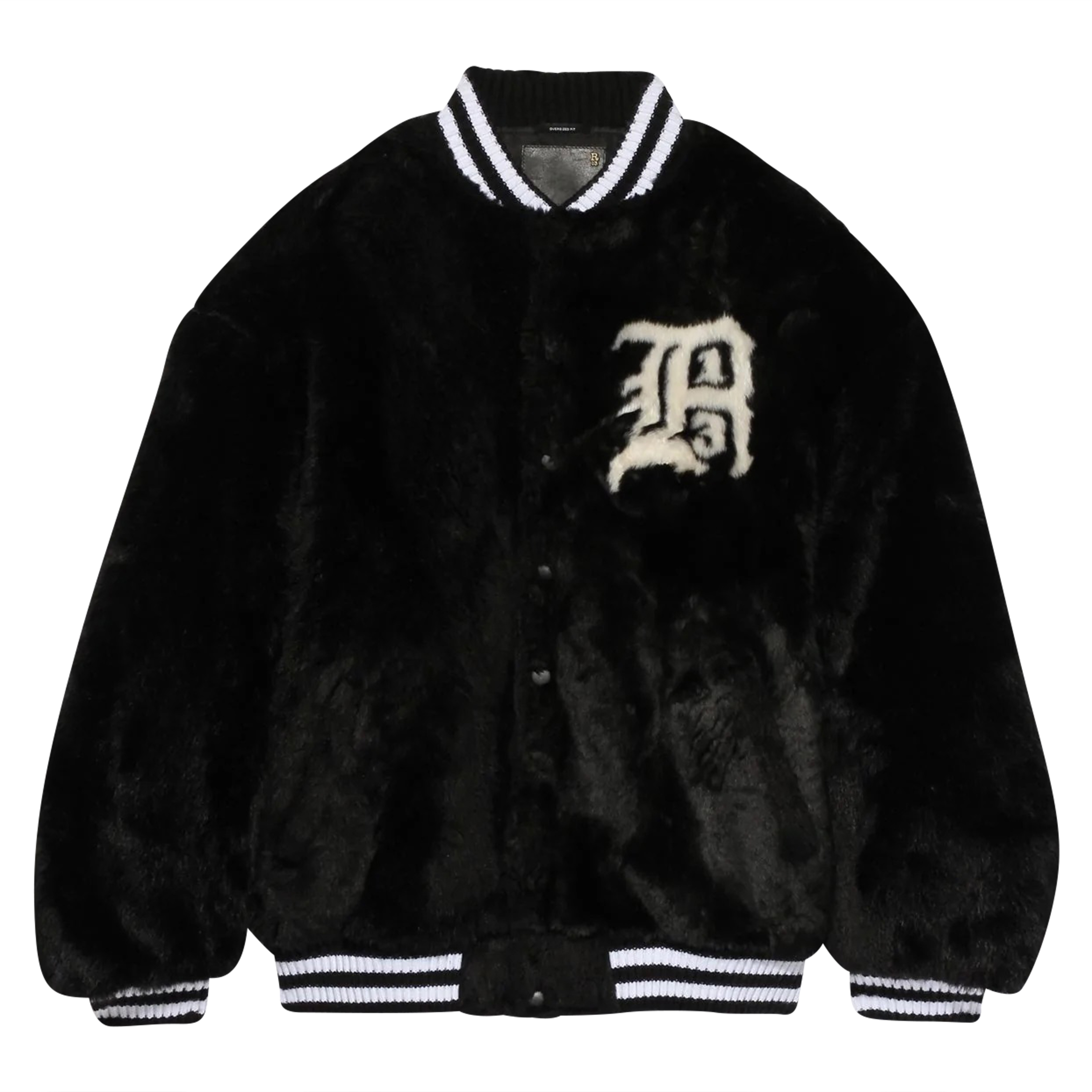 R13 Fake Fur College Bomber Jacket in Black/White
