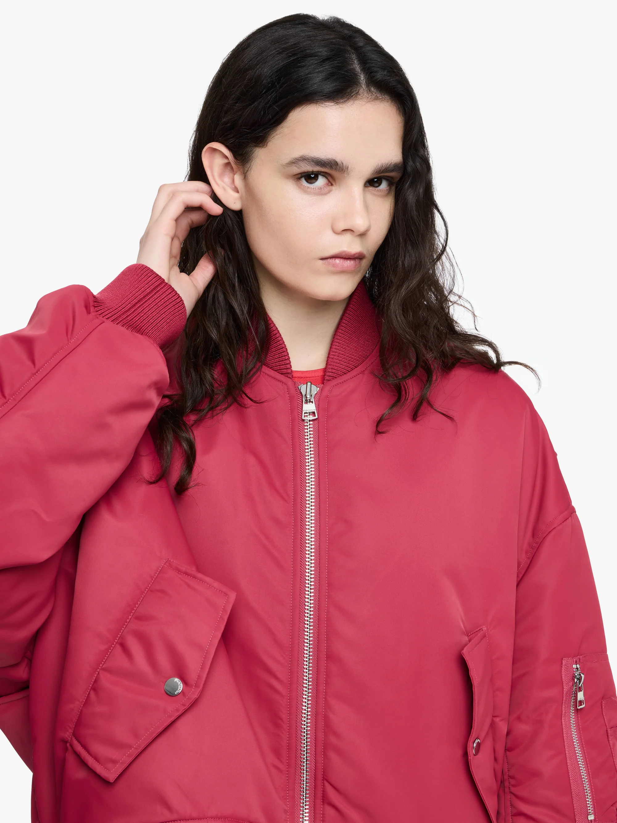 JW ANDERSON Oversize Curved Hem Bomber Jacket in Raspberry