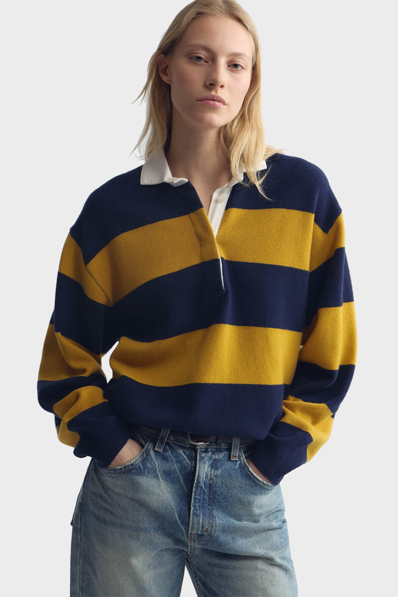 NILI LOTAN Rashida Rugby Knit Sweater in Navy / Amber Stripe