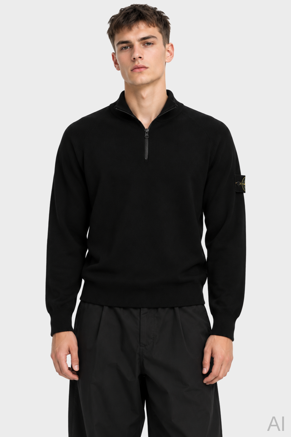 STONE ISLAND Light Knit Half Zip Pullover in Black