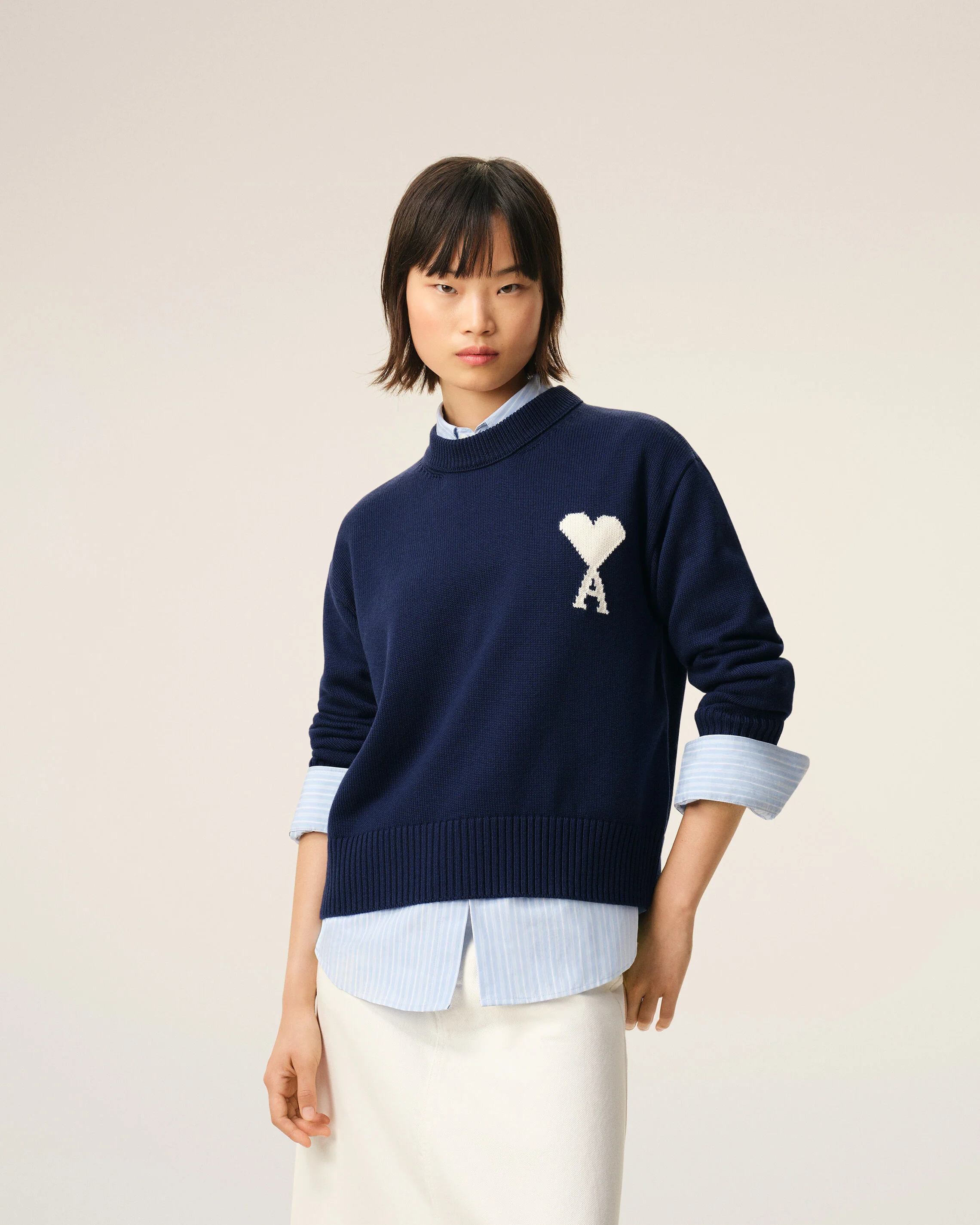 AMI PARIS de Coeur Wool/Cotton Knit Pullover in Navy