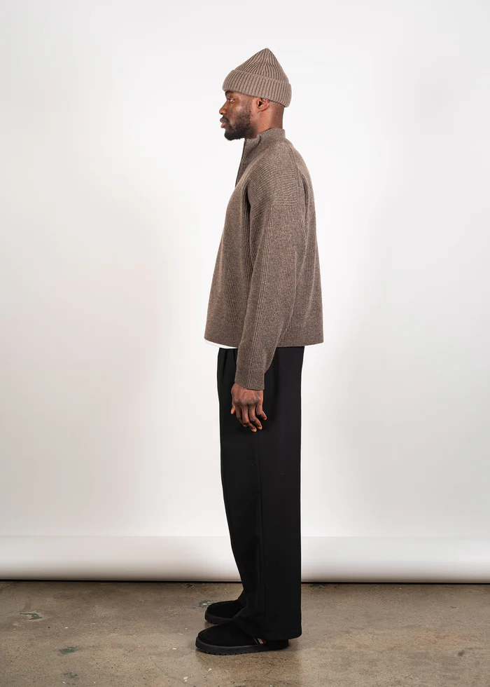 YACAIA Ribbed Wool/Cashmere Half Zip Sweater in Brown Melange