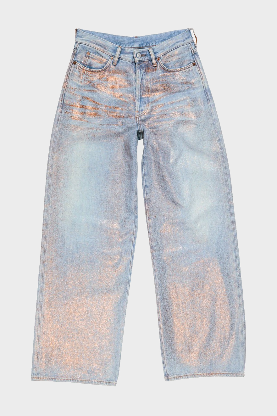 ACNE STUDIOS 1981 Baggy Fit Glitter Dawn Pant in Rose Copper/Light Blue