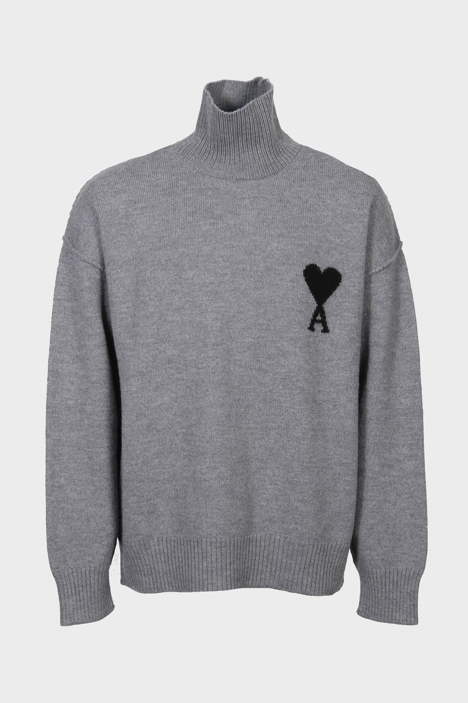AMI PARIS de Coeur Heavy Knit Turtle Neck Sweater in Heather Ash Grey / Black
