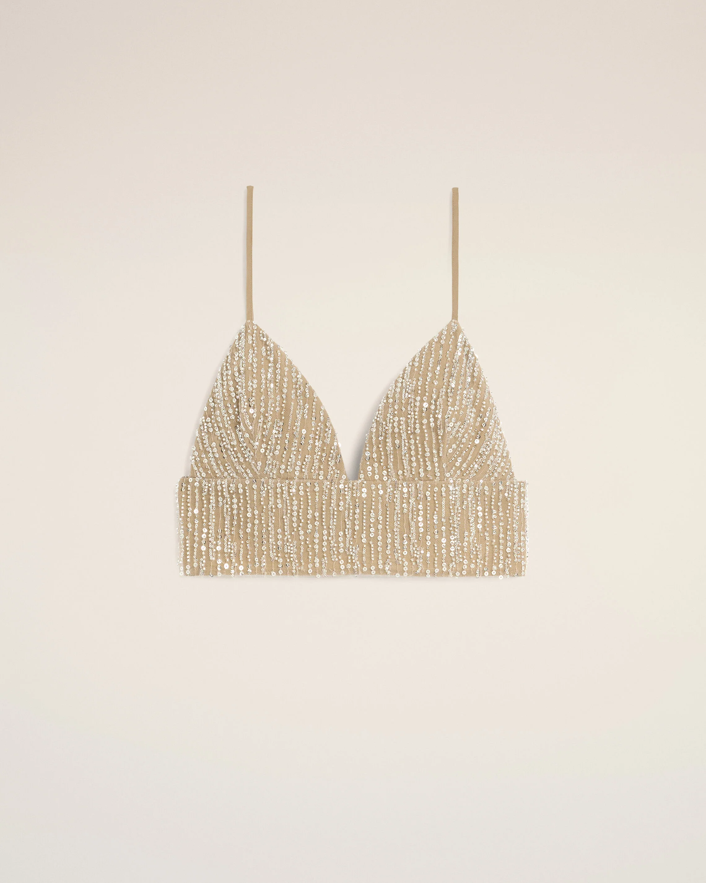 AMI PARIS Embroidered Cropped Top with Sequins in Mastic Beige