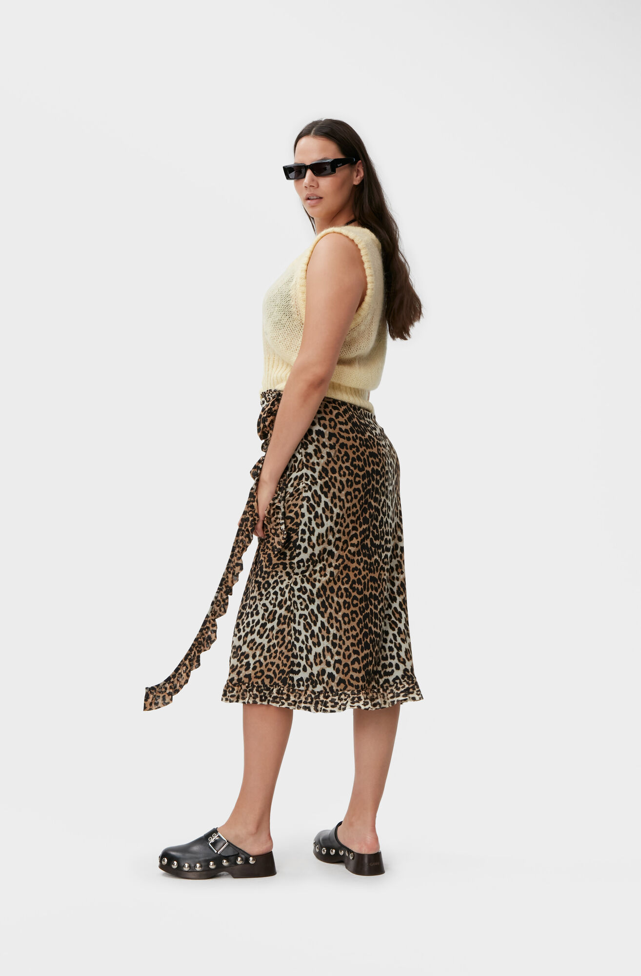 Ganni Printed Mesh Ruffle Midi Wrap Skirt in Leopard 38