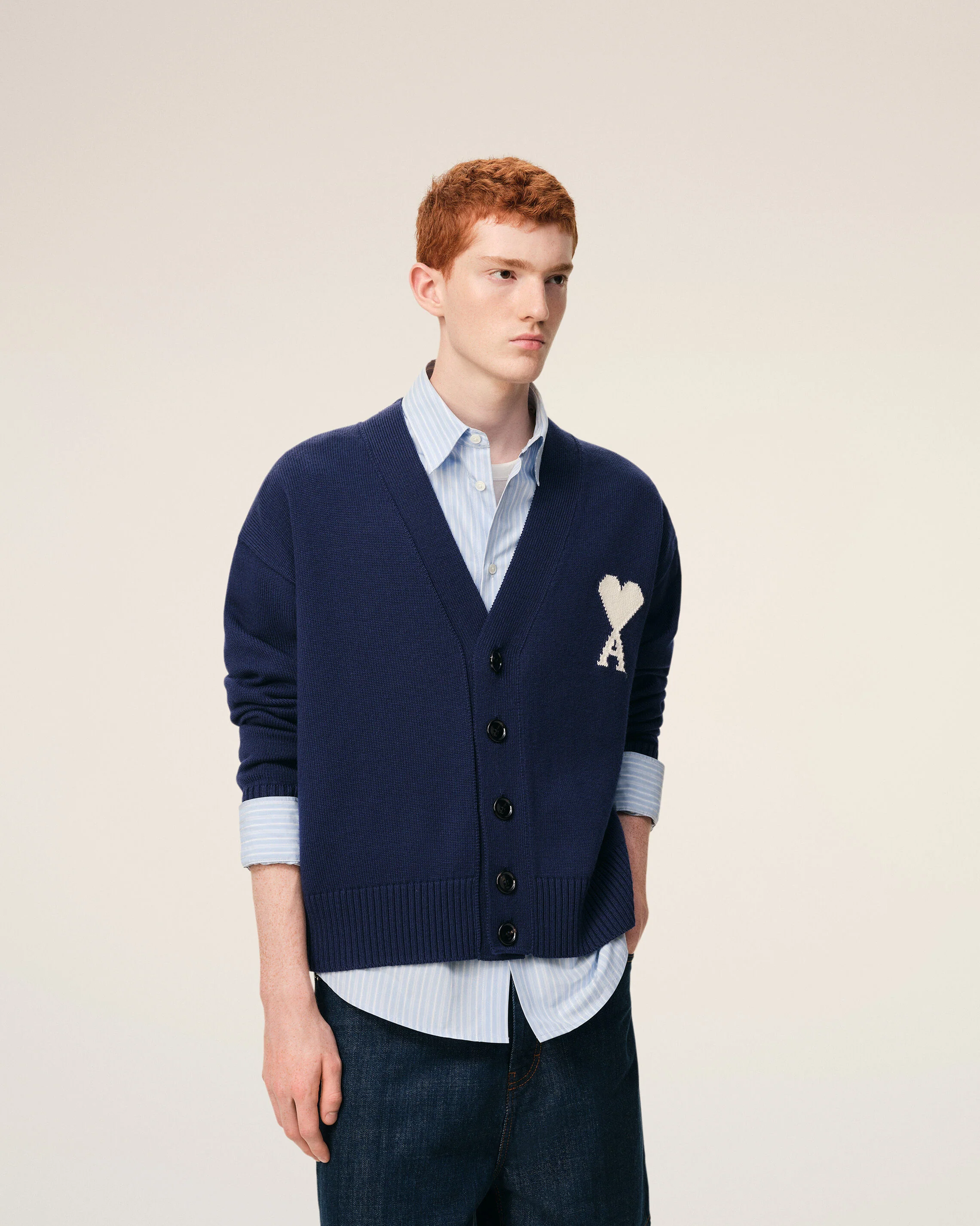AMI PARIS de Coeur Wool/Cotton Knit Cardigan in Navy