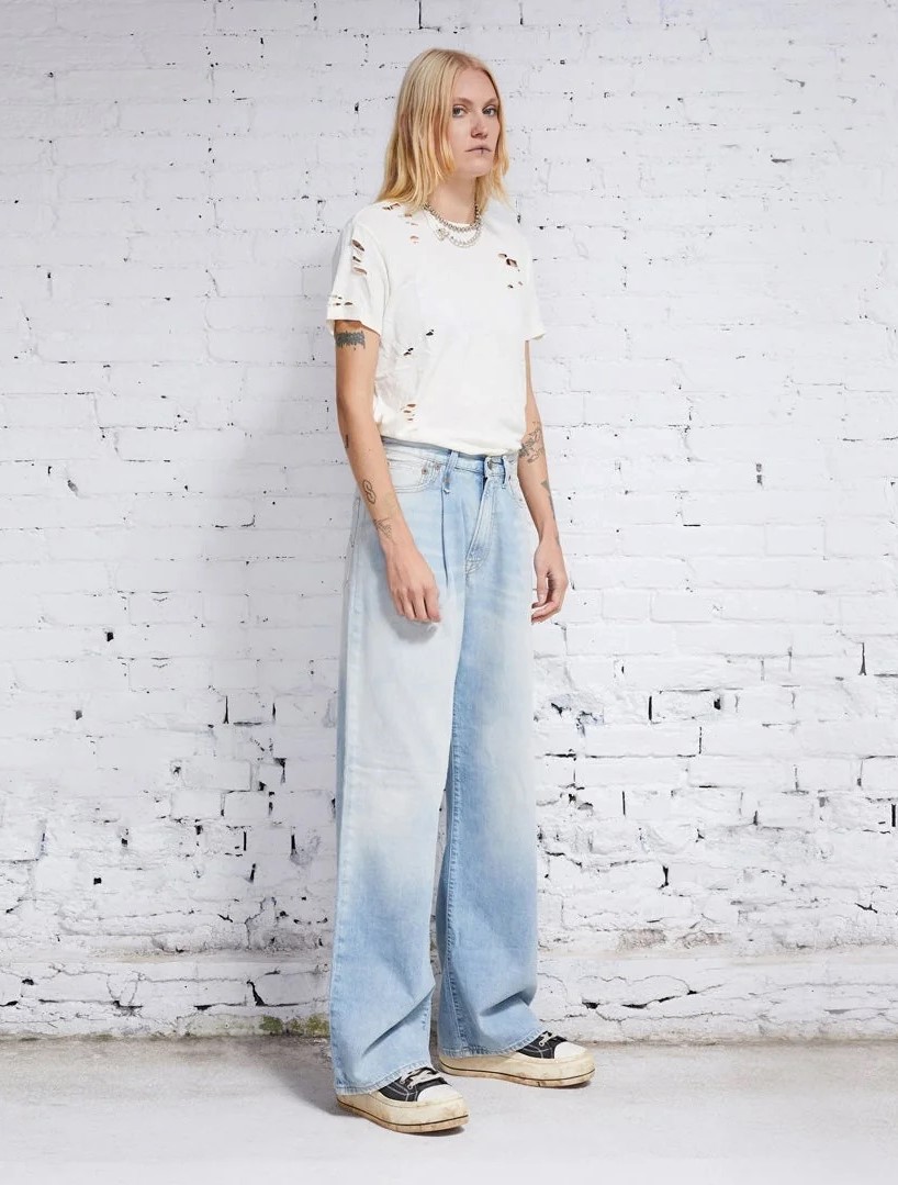 R13 Jeans Damon Pleated Wide Leg Light Blue Washed