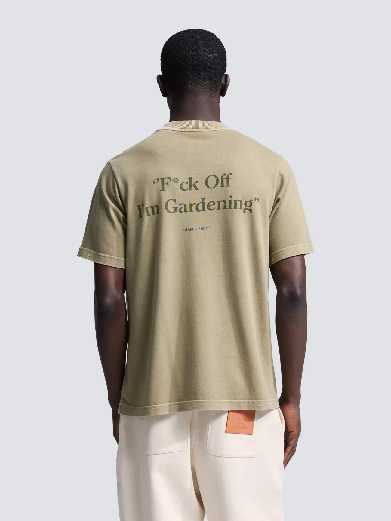 BRAM'S FRUIT ''F*ck Off'' Distressed T-Shirt in Washed Olive Green