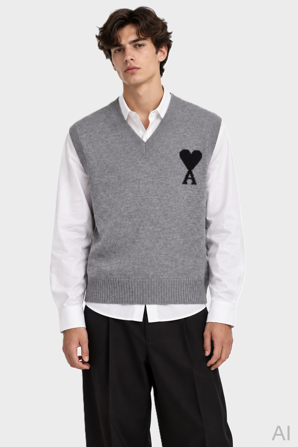 AMI PARIS de Coeur Heavy Knit Sleeveless Sweater in Heather Ash Grey / Black