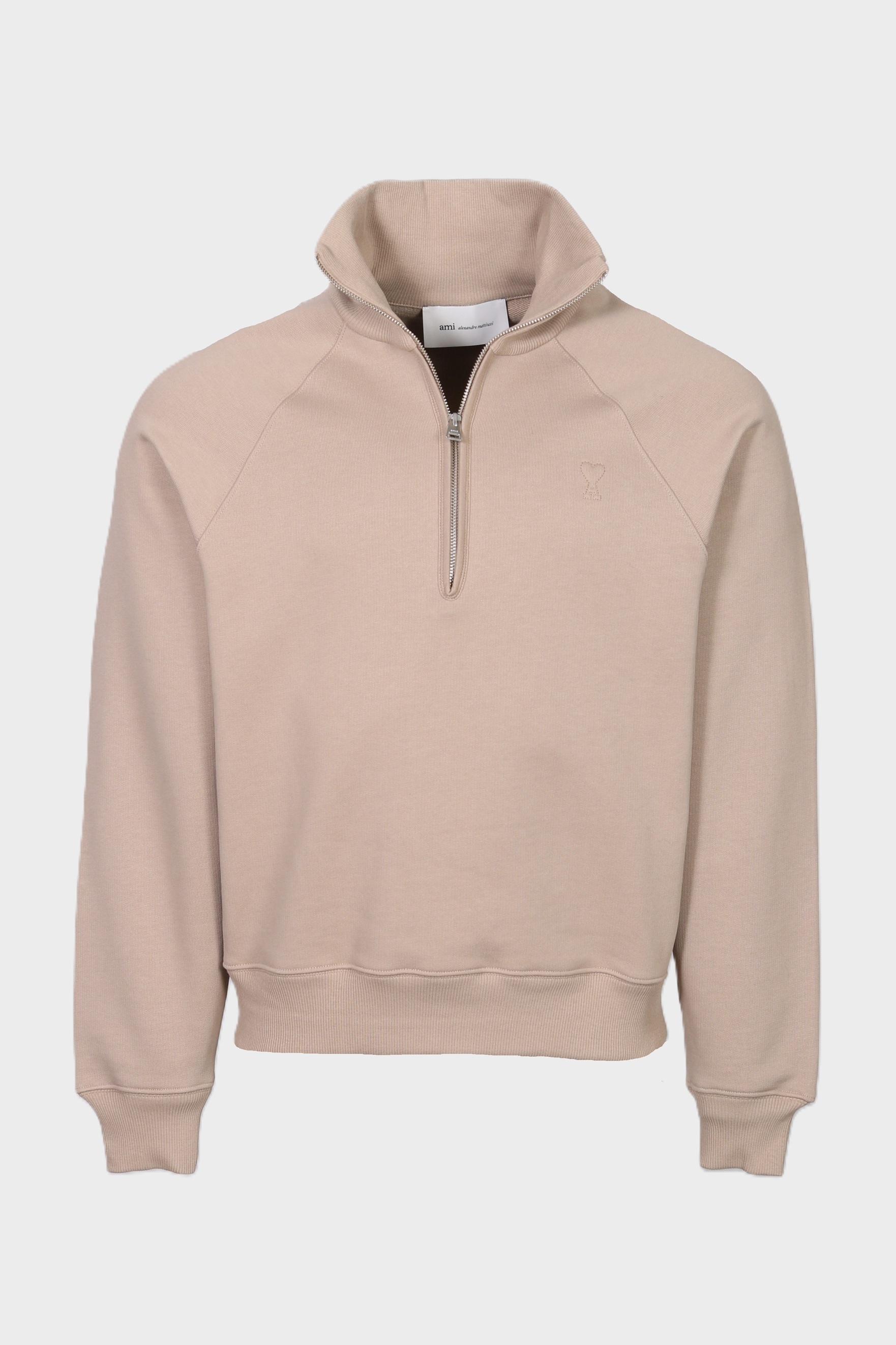 AMI PARIS de Coeur Embossed Half Zip Sweater in Mastic Beige