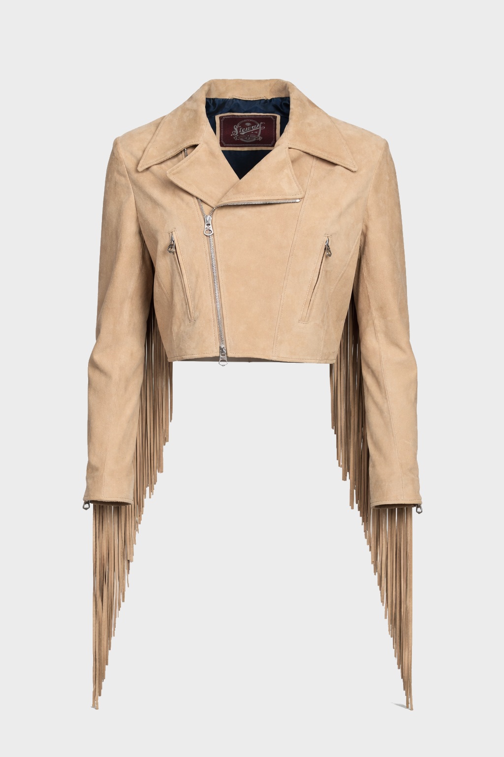 STEWART Goat Suede Chiodo Frange Jacket in Beige