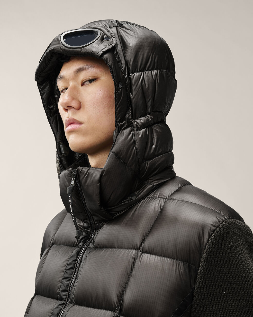 C.P. COMPANY Merino Wool Mixed D.D. Shell Down Jacket in Black