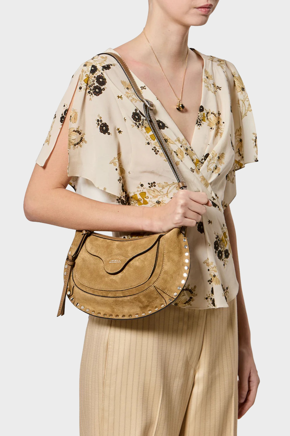 ISABEL MARANT Moon Pocket Shoulder Bag in Taupe Suede