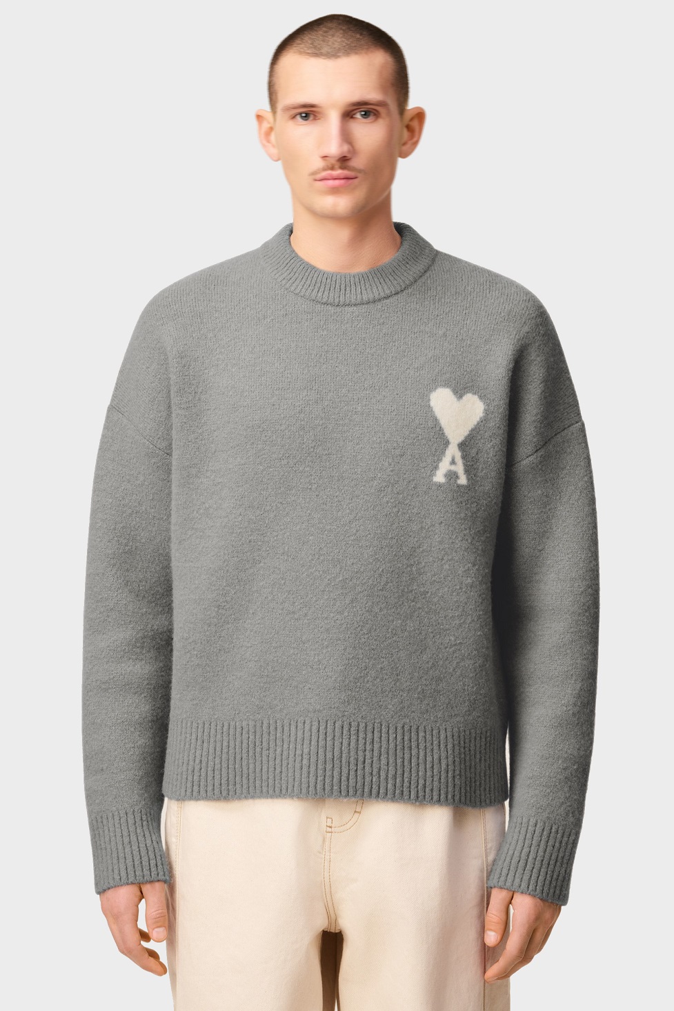 AMI PARIS de Coeur Knit Pullover in Grey/Off White
