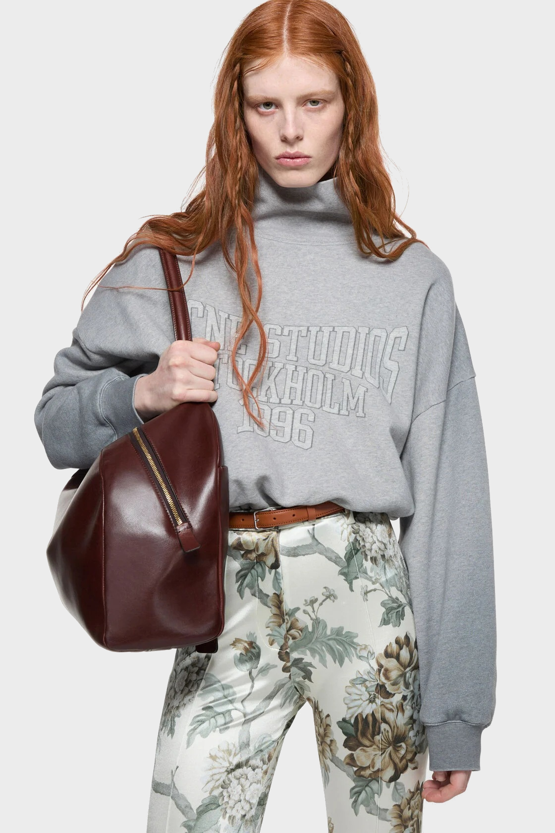 ACNE STUDIOS Logo Boxy Turtleneck Sweatshirt in Grey Melange