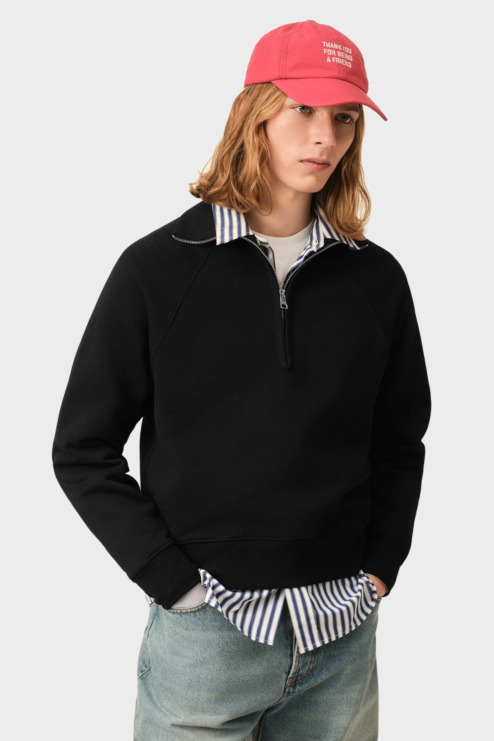 AMI PARIS de Coeur Embossed Half Zip Sweater in Black