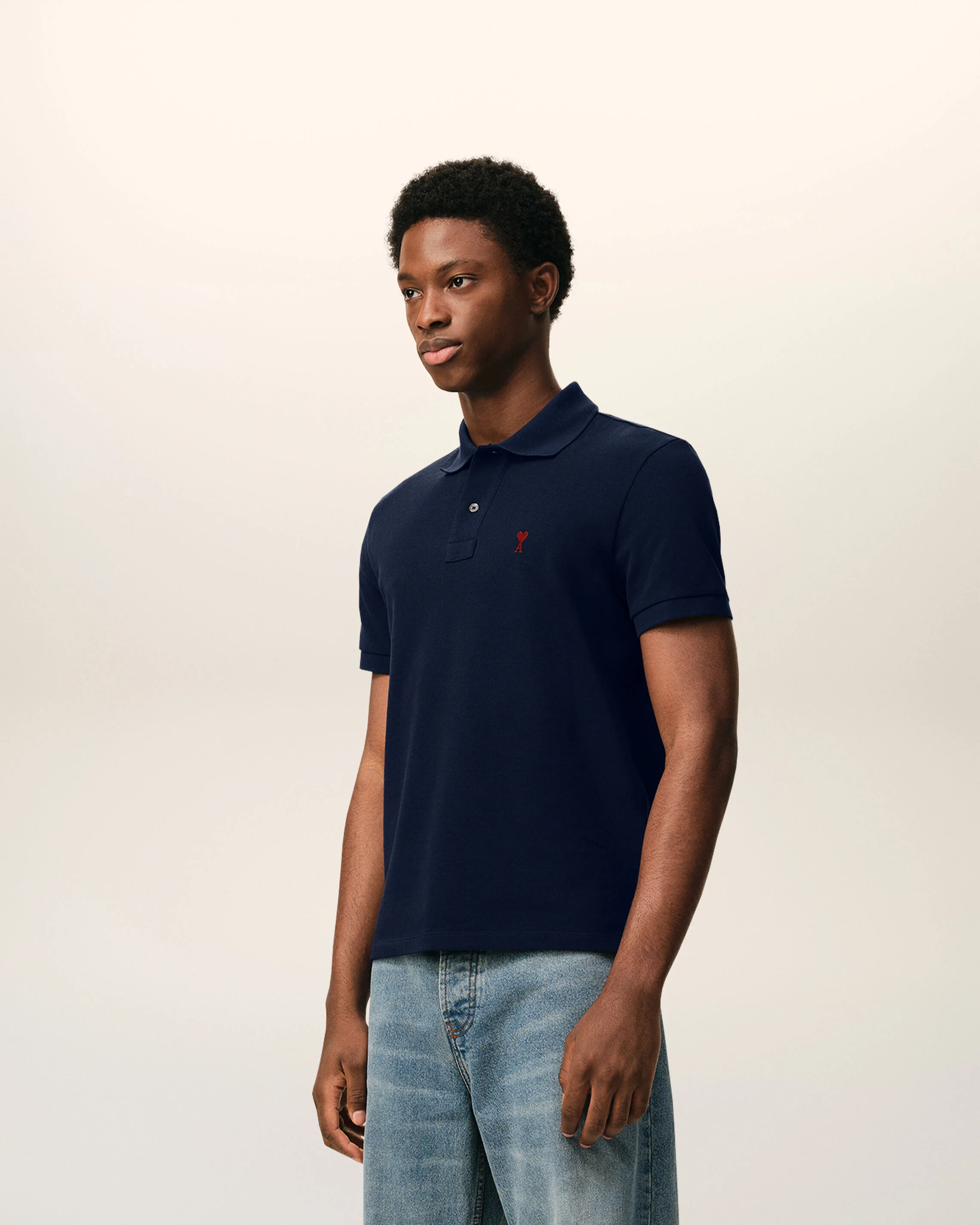 AMI PARIS de Coeur Polo Shirt in Night Blue/Red Logo