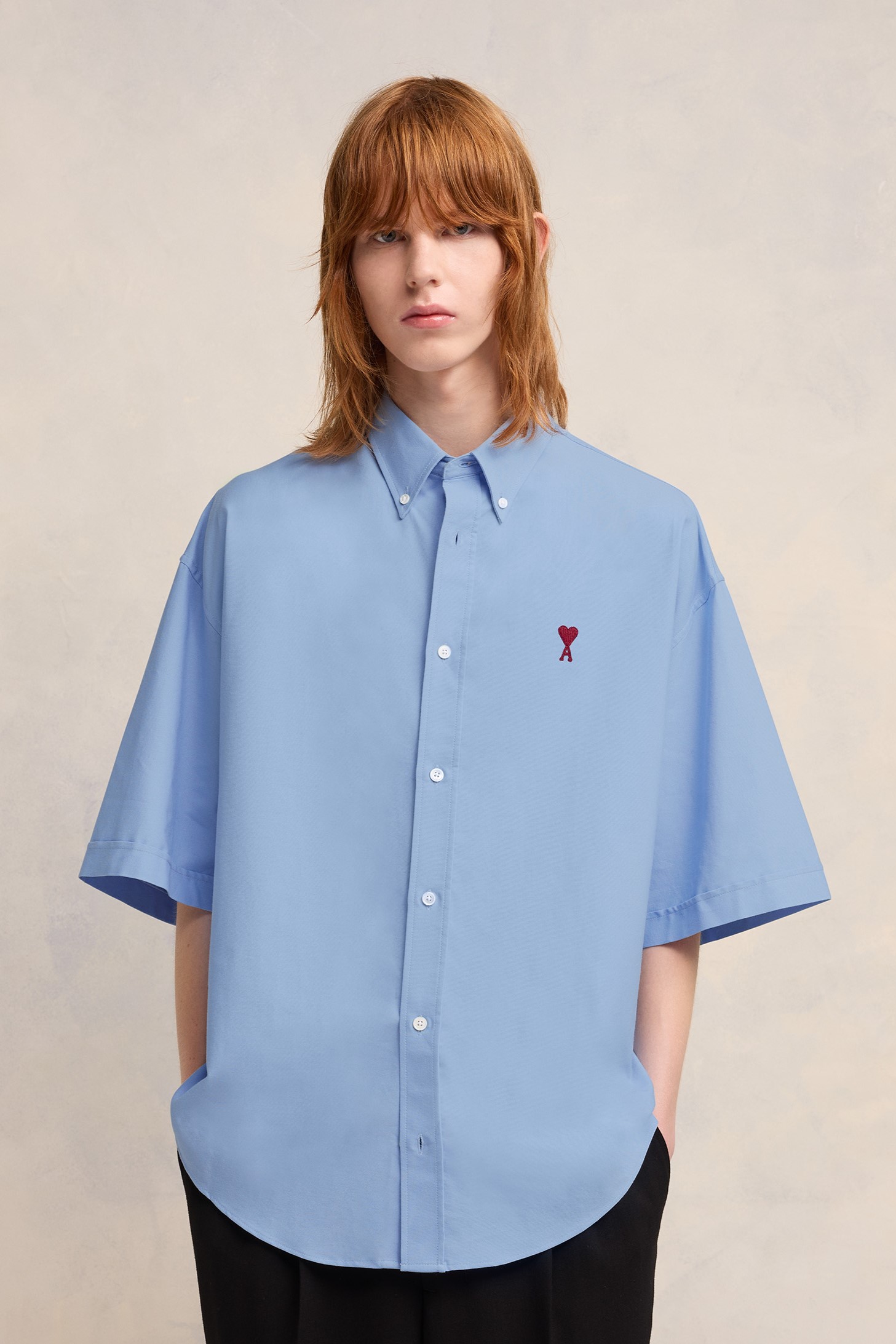 AMI PARIS de Coeur Boxy Fit Short Sleeve Shirt in Cashmere Blue XL