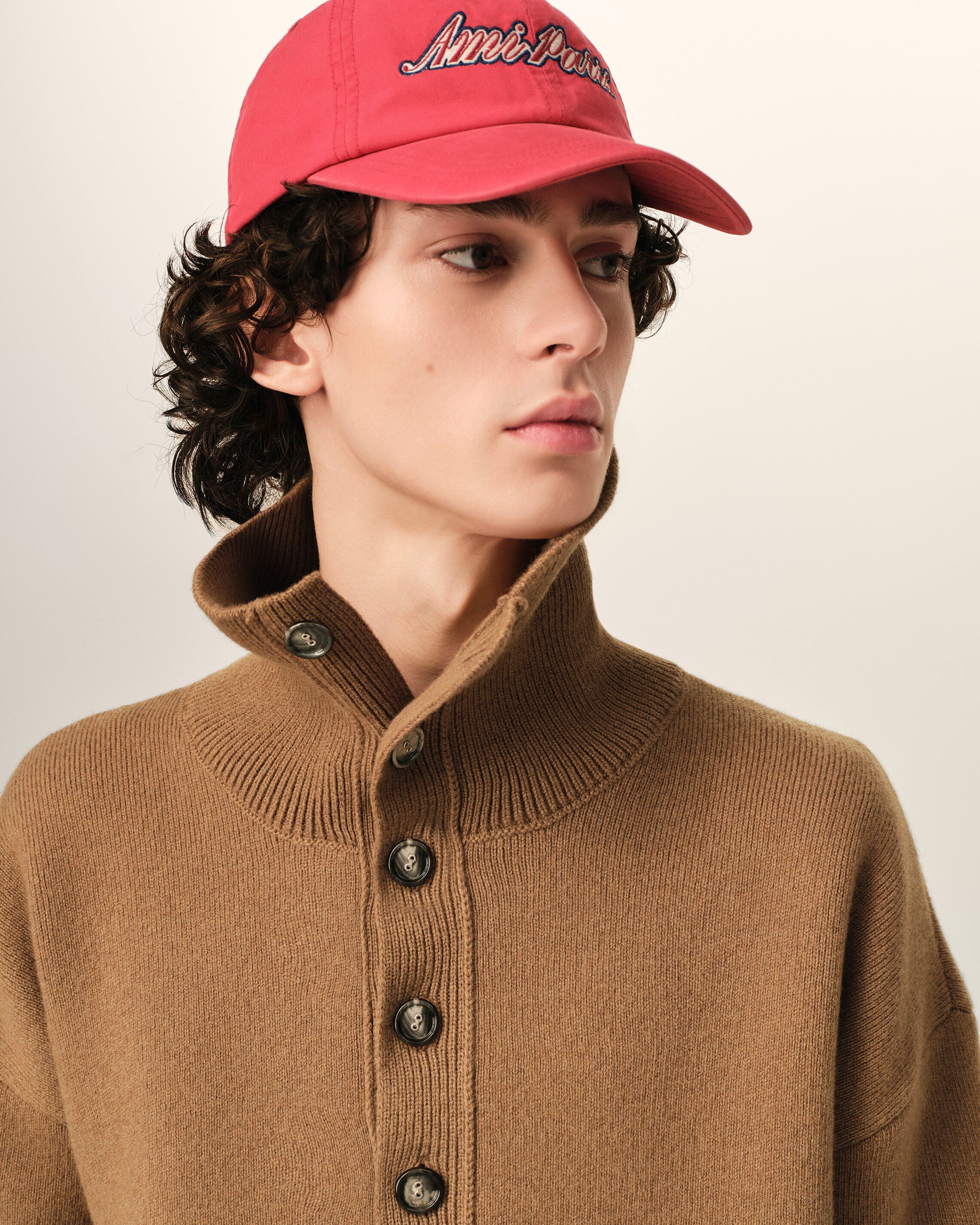 AMI PARIS High Buttoned Collar Heavy Knit Sweater in Camel