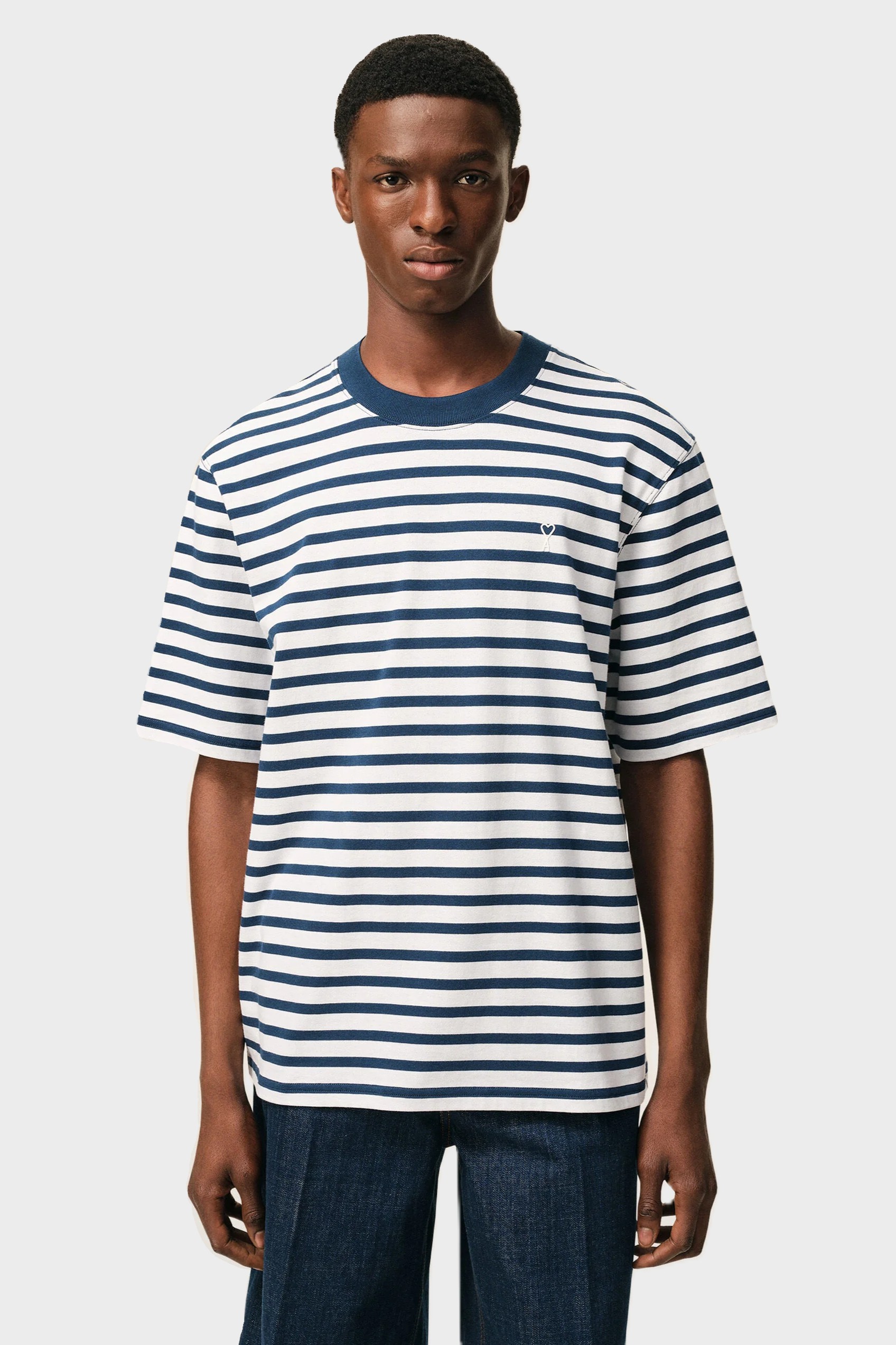 AMI PARIS de Coeur Marinière Boxy Fit T-Shirt in Ink/White