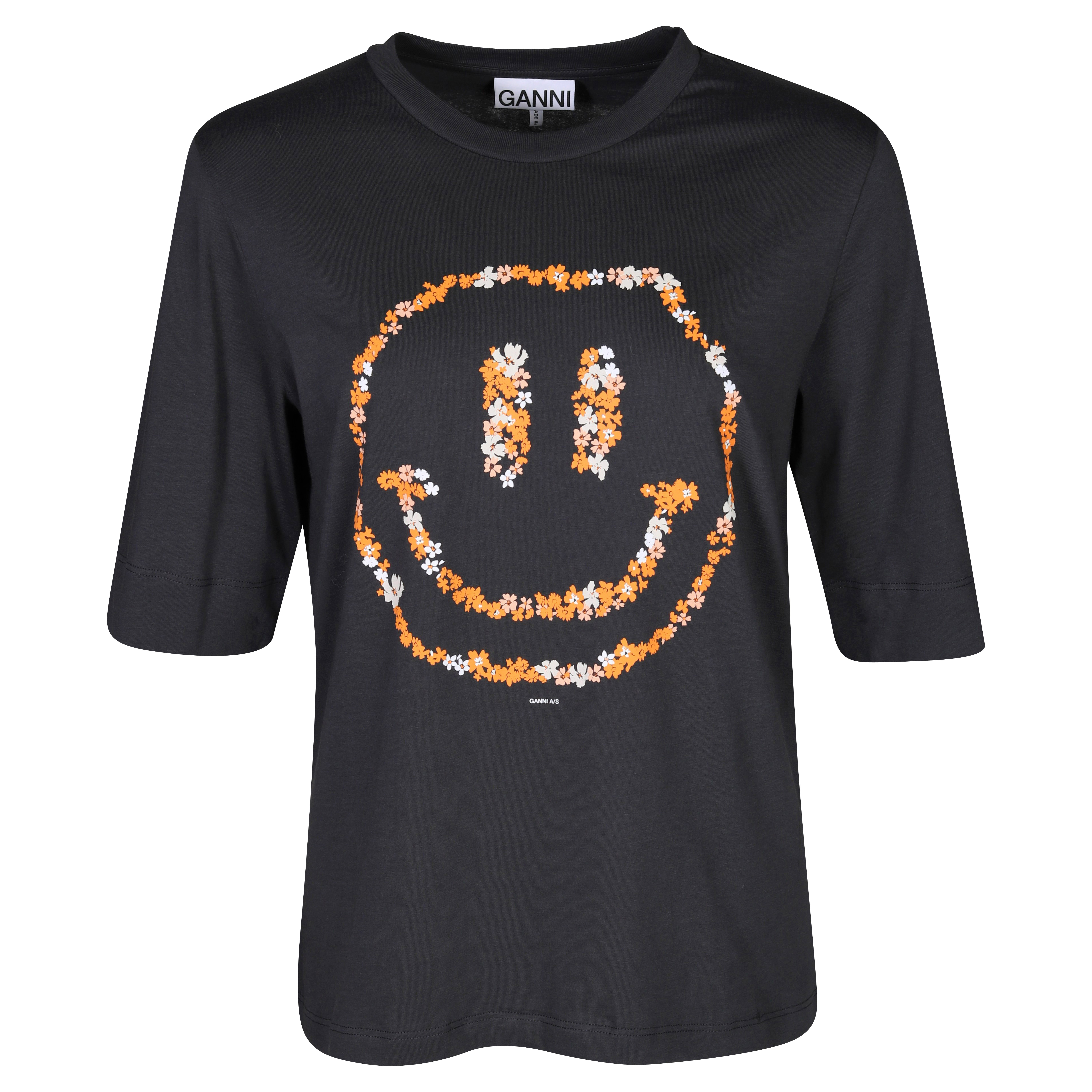 Ganni Organic Cotton T-Shirt Floral Smiley Grey Printed