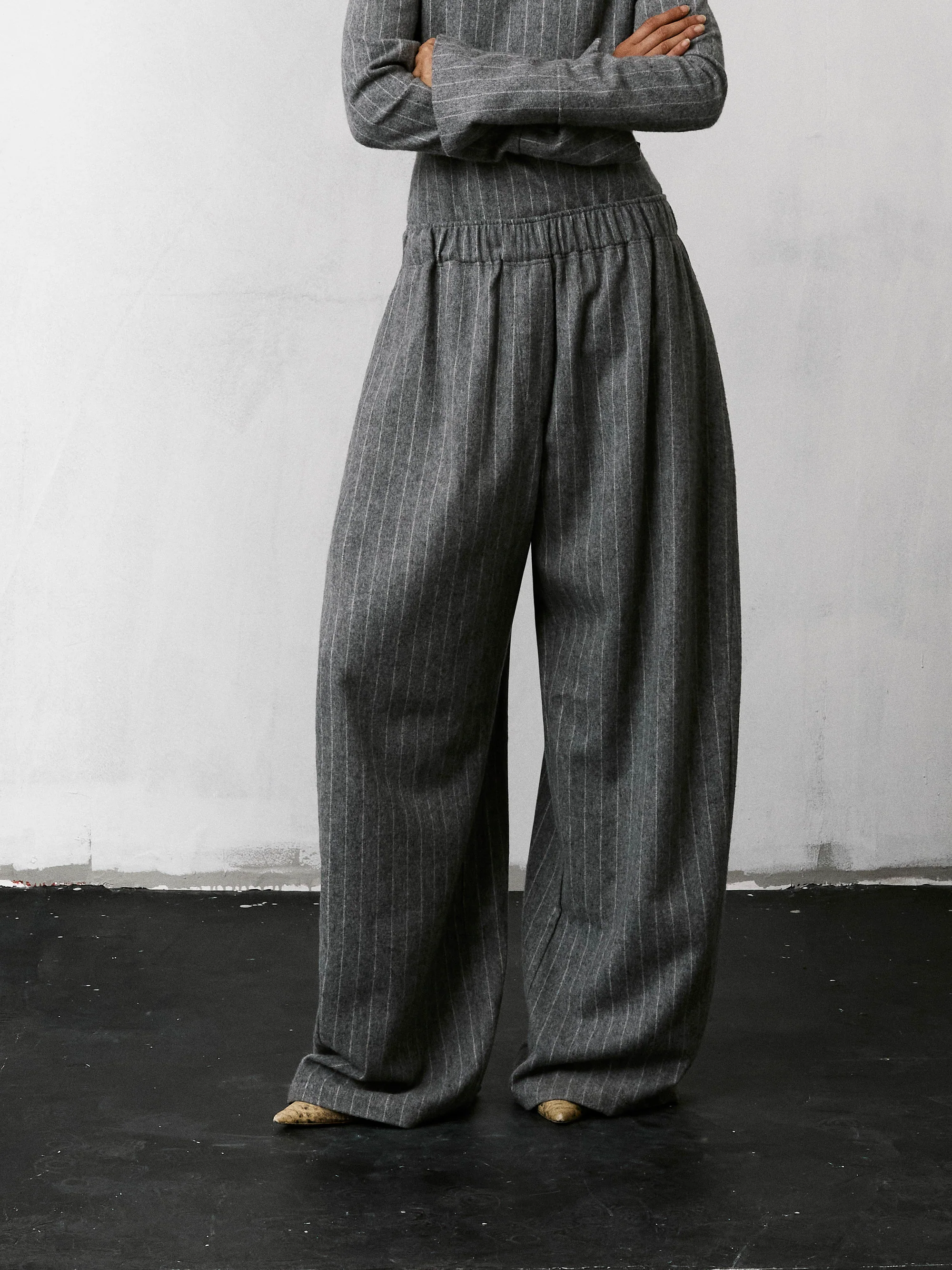 THE LATEST Pinstripe Wool Pant in Light Grey