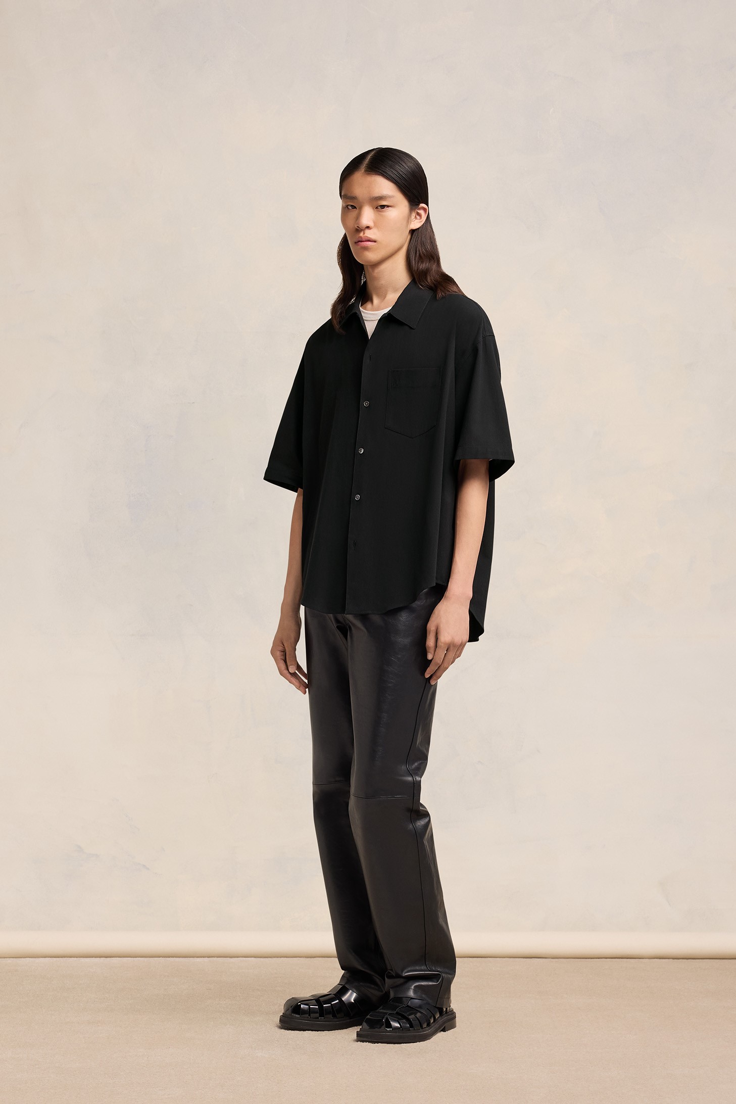 AMI PARIS de Coeur Boxy Fit Cotton Crepe SL Shirt in Black S