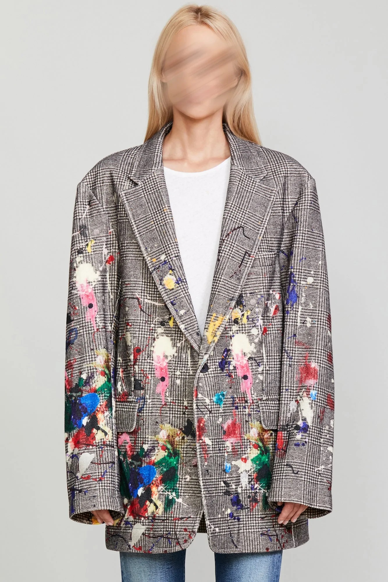 R13 Oversized Ragged Blazer in Prince of Wales M