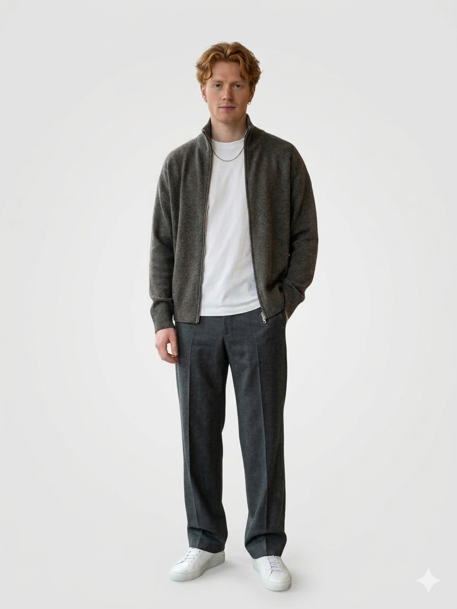 YACAIA Wool/Cashmere Zip Sweater in Brown Melange