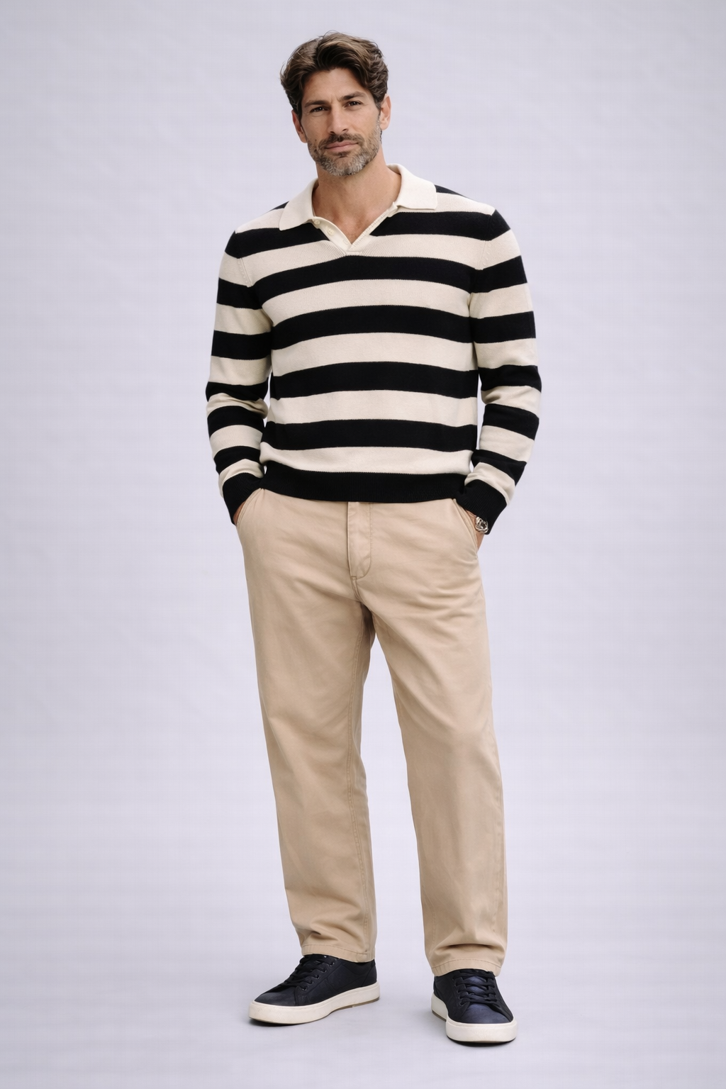 ROBERTO COLLINA Cotton Knit Polo Sweater in Black/Beige
