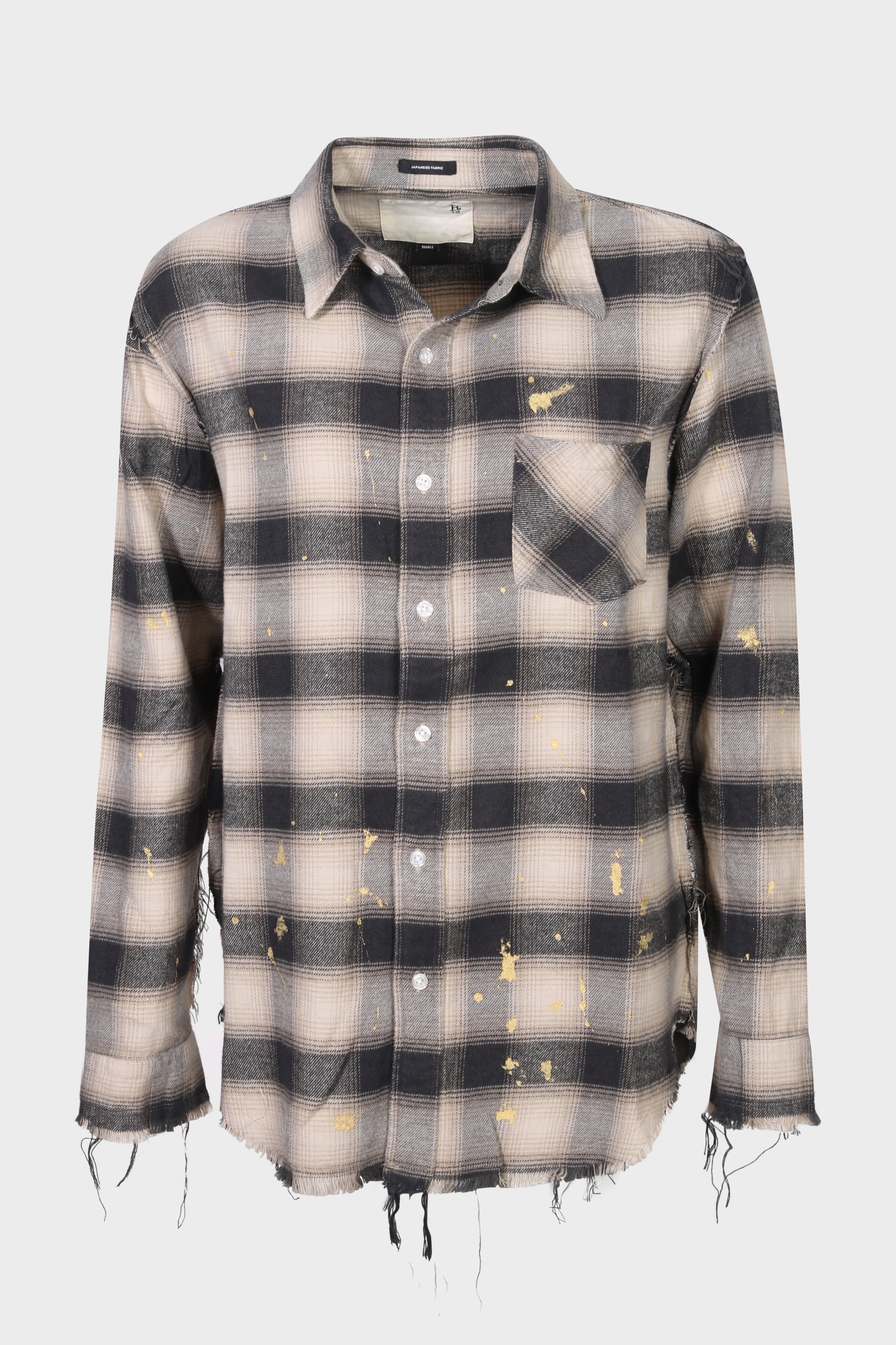 R13 Shredded Seam Shirt in Black/Beige/Gold Splatter