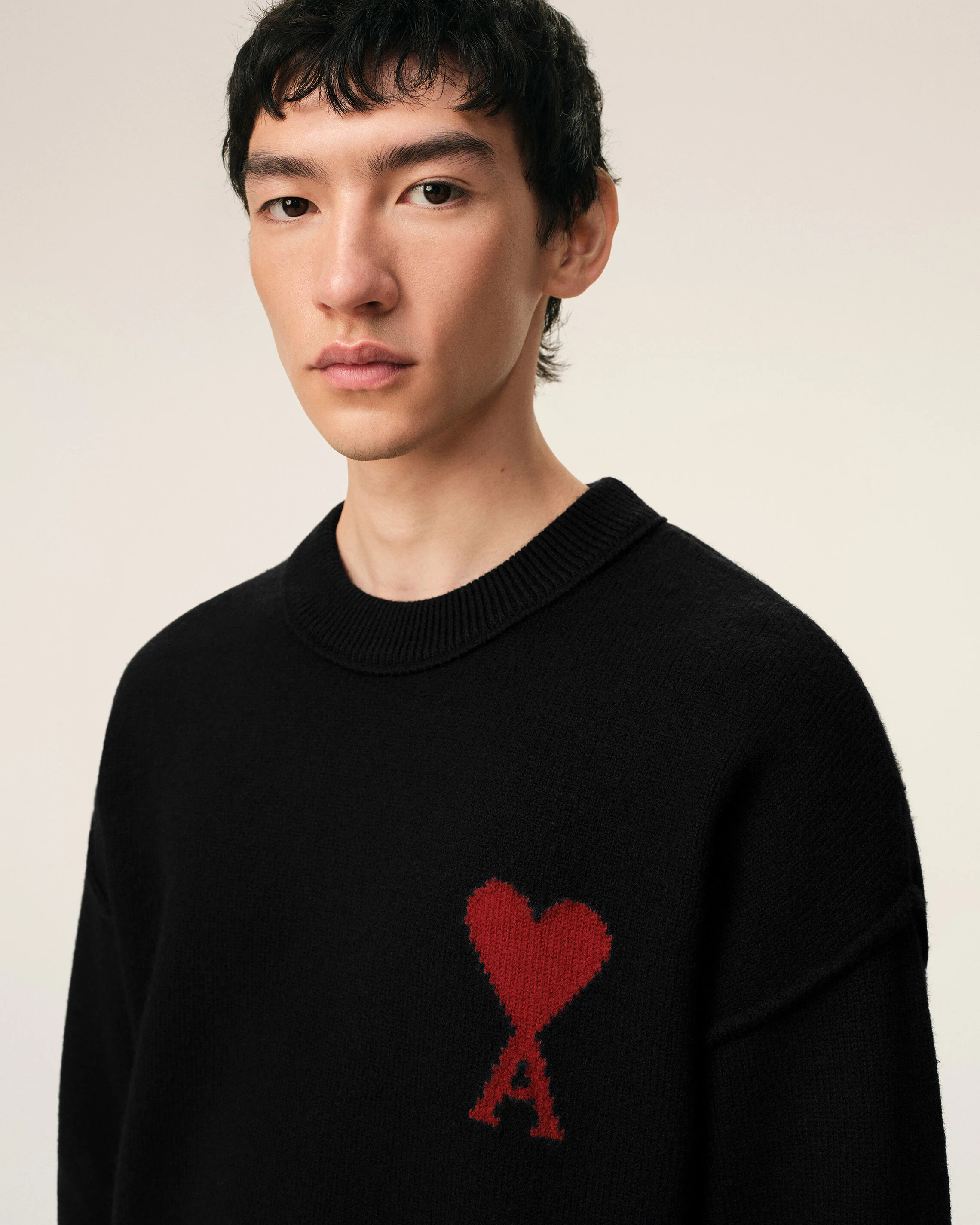 AMI PARIS de Coeur Heavy Knit Sweater in Black / Red